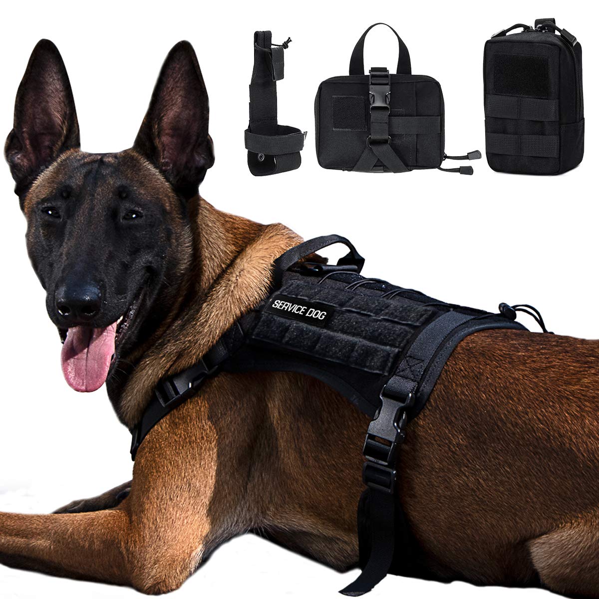 Ironseals Service Dog Vest Harness Training Tactical Molle Dog Vest With Detachable Patches Pouches Black