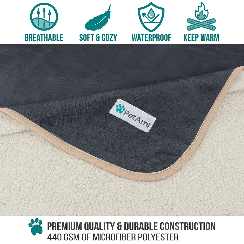 Petami Waterproof Dog Blanket For Large Giant Dogs, Pee Proof Pet Blanket Sherpa Fleece Crate Cover, Reversible Cat Throw Bed Kennel Protector, Soft Plush Washable Pad (Queen 90X90, Gray/Beige)