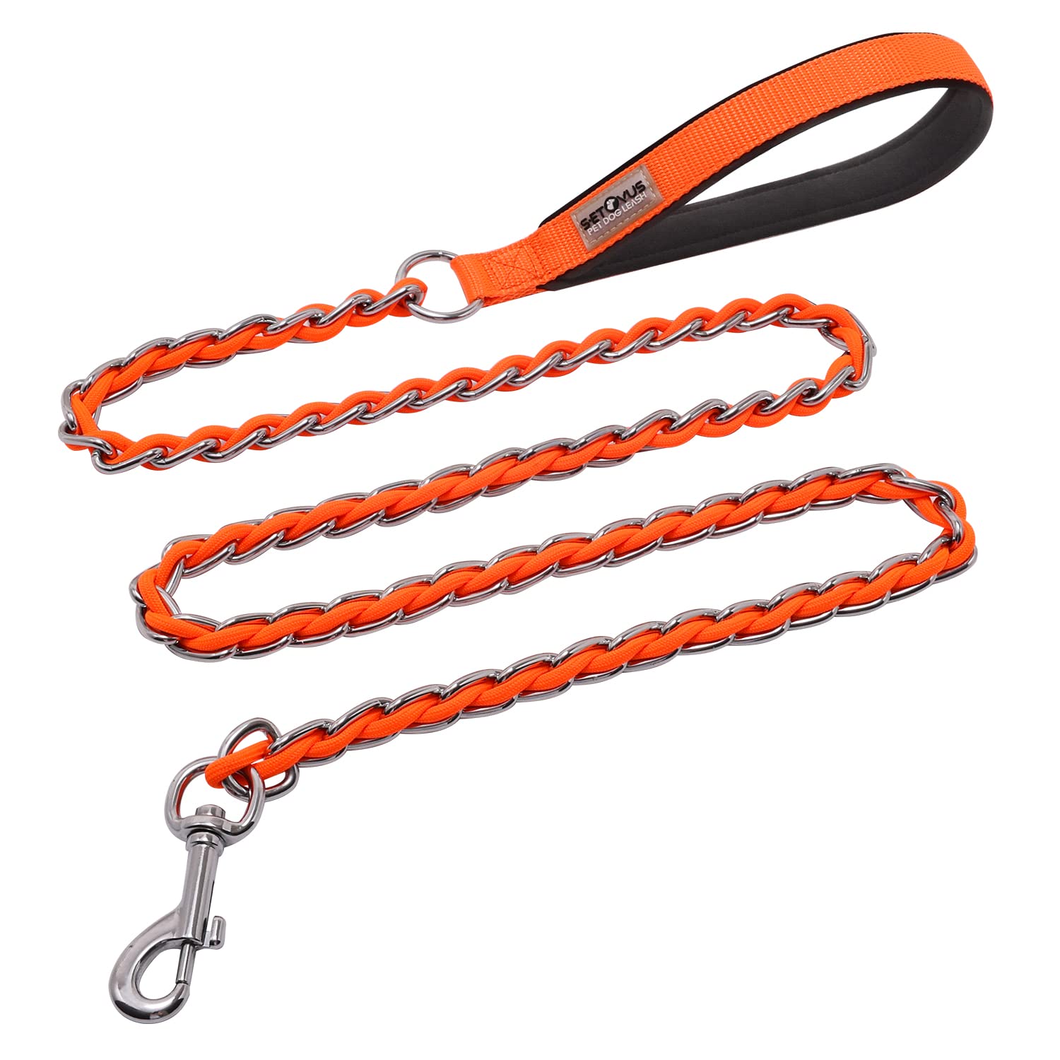 Chew Proof Metal Leash For Medium Large Dogs, 5.2Ft Strong Anti Bite, Comfortable Soft Padded Handle Orange