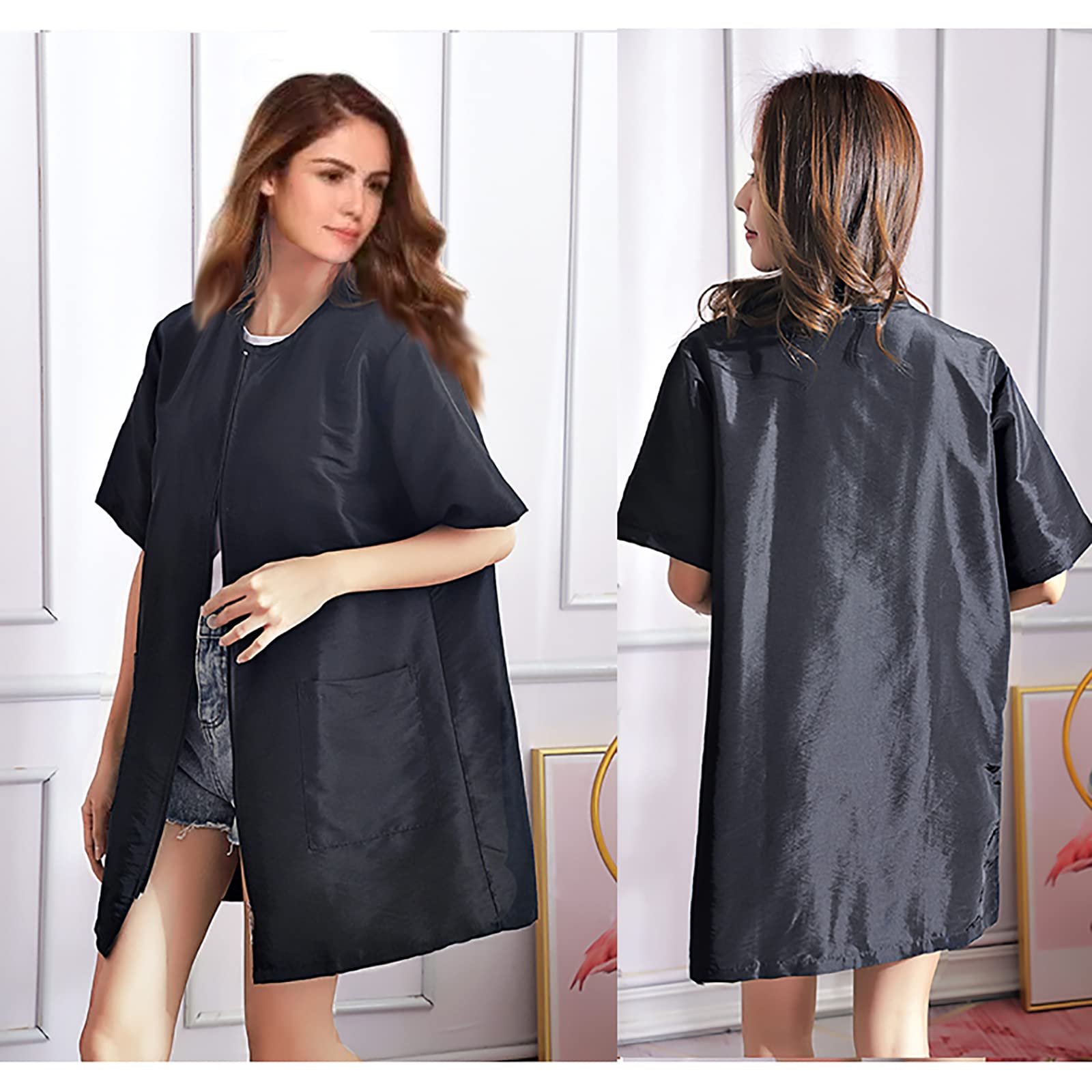 Gliitatu Dog Grooming Smock with Full Zipper, Non-Sticky Hair Groomer Smock Cosmetic Smock Hair Stylist Barber Jacket (XL, Black