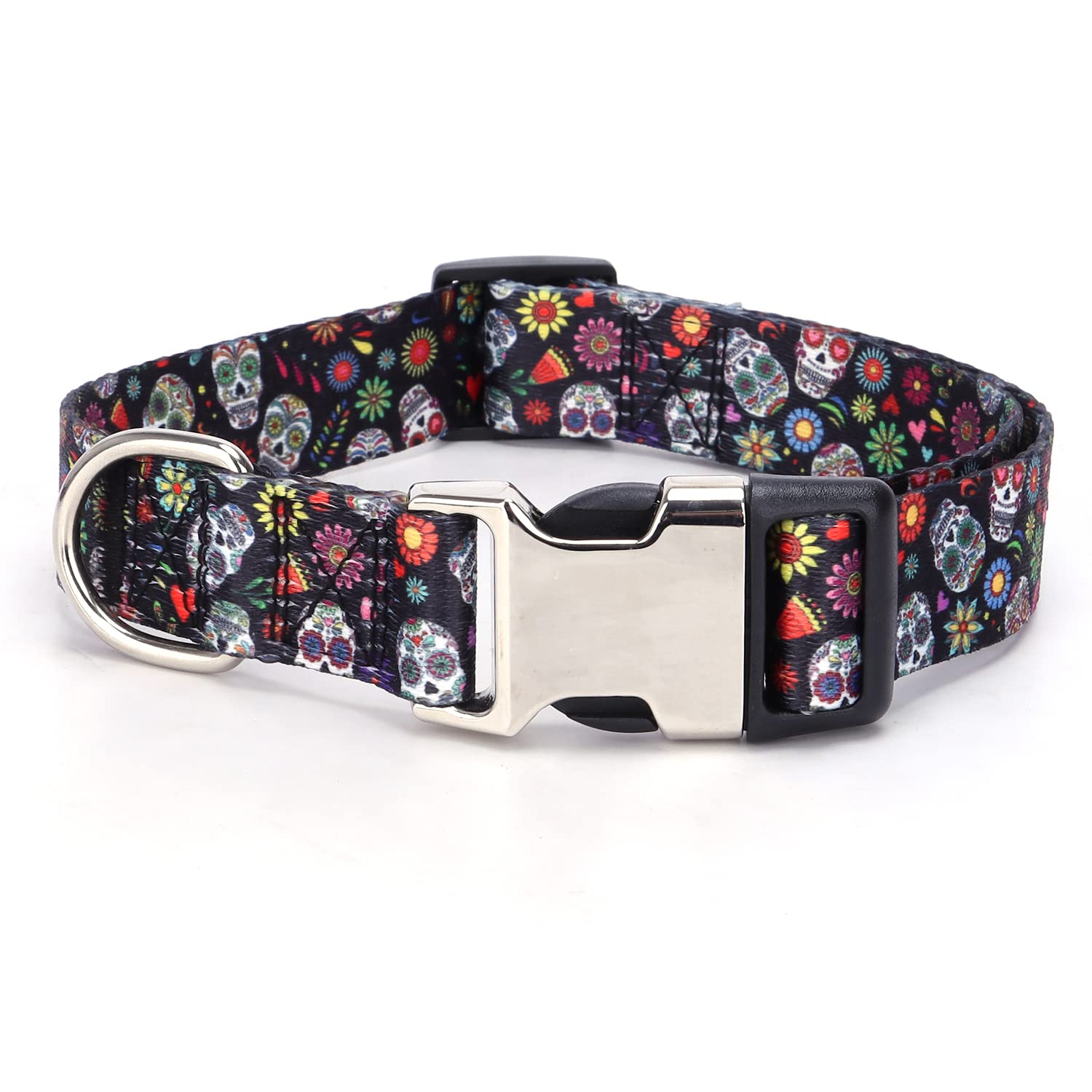 Flower Skull Dog Collars For Medium Dogs, Pretty Pattern Print Funny Fun Dog Collar Metal Buckle Durable Soft Female Puppy Colla