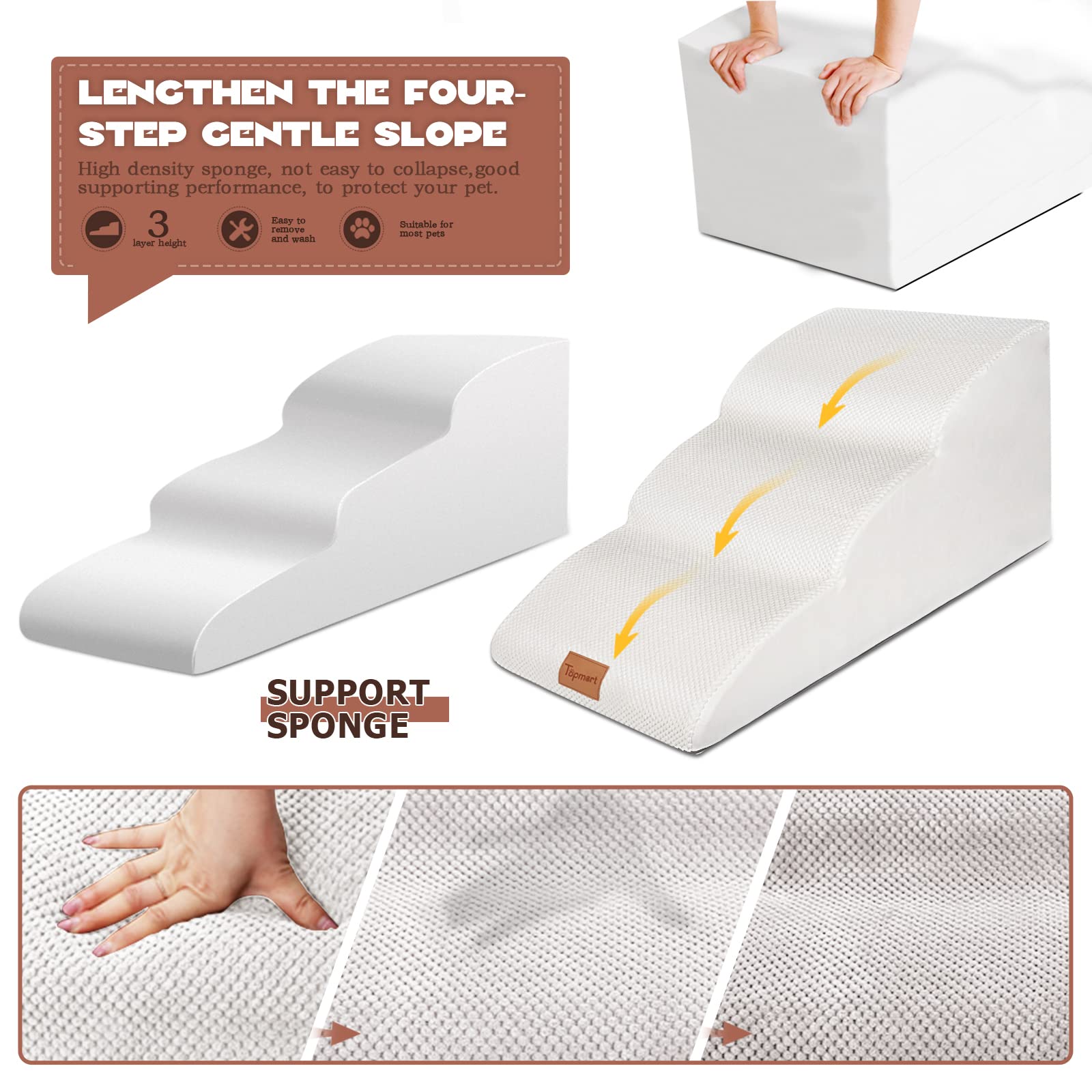 Topmart High Density Extended Foam Dog Ramp&Steps 3 Tiers,15.7' High,Non-Slip Dog Stairs,Soft Foam Dog Ladder,Best For Dogs Injured,Older Cats,Pets With Joint Pain, Color White