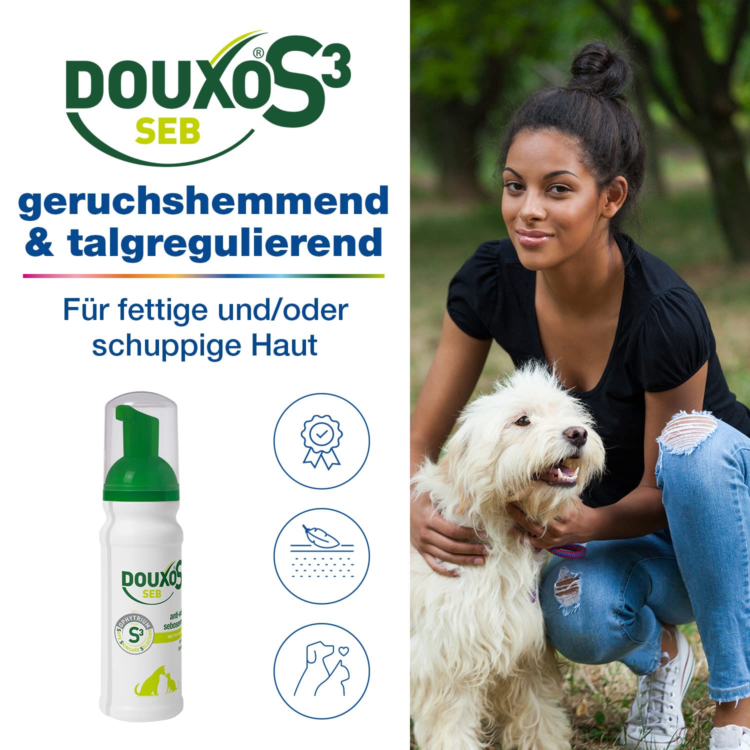 DOUXO S3 SEB Mousse, Dog & Cat Dandruff Solution, Soothing Leave-On Cat Mousse, Effective Mousse for Dog Dermatitis, Flaky & Oil