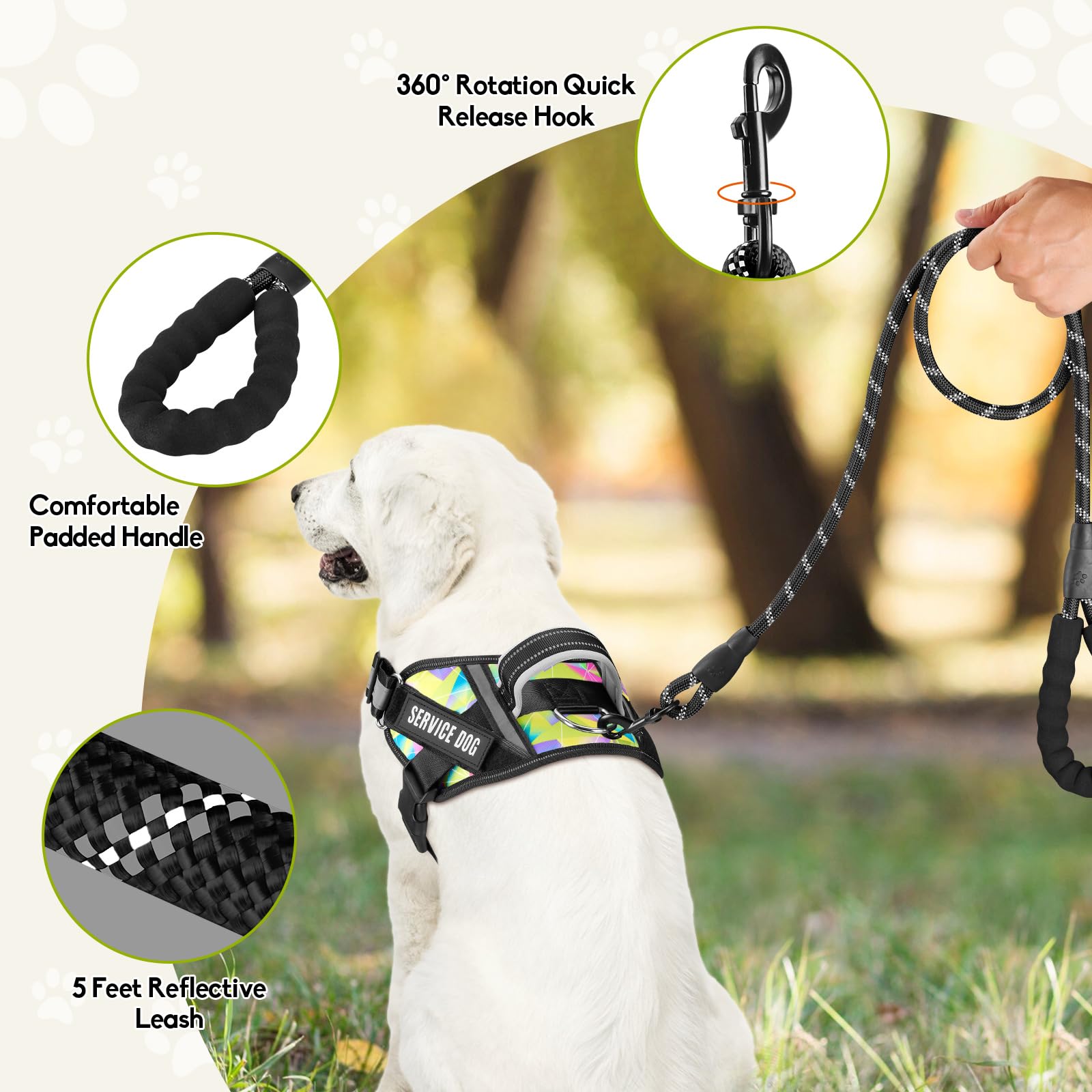 Animire Service Dog Harness and Leash Set, XS, Multi-Colored, with 10 Patches, Reflective, for Small to XL Dogs
