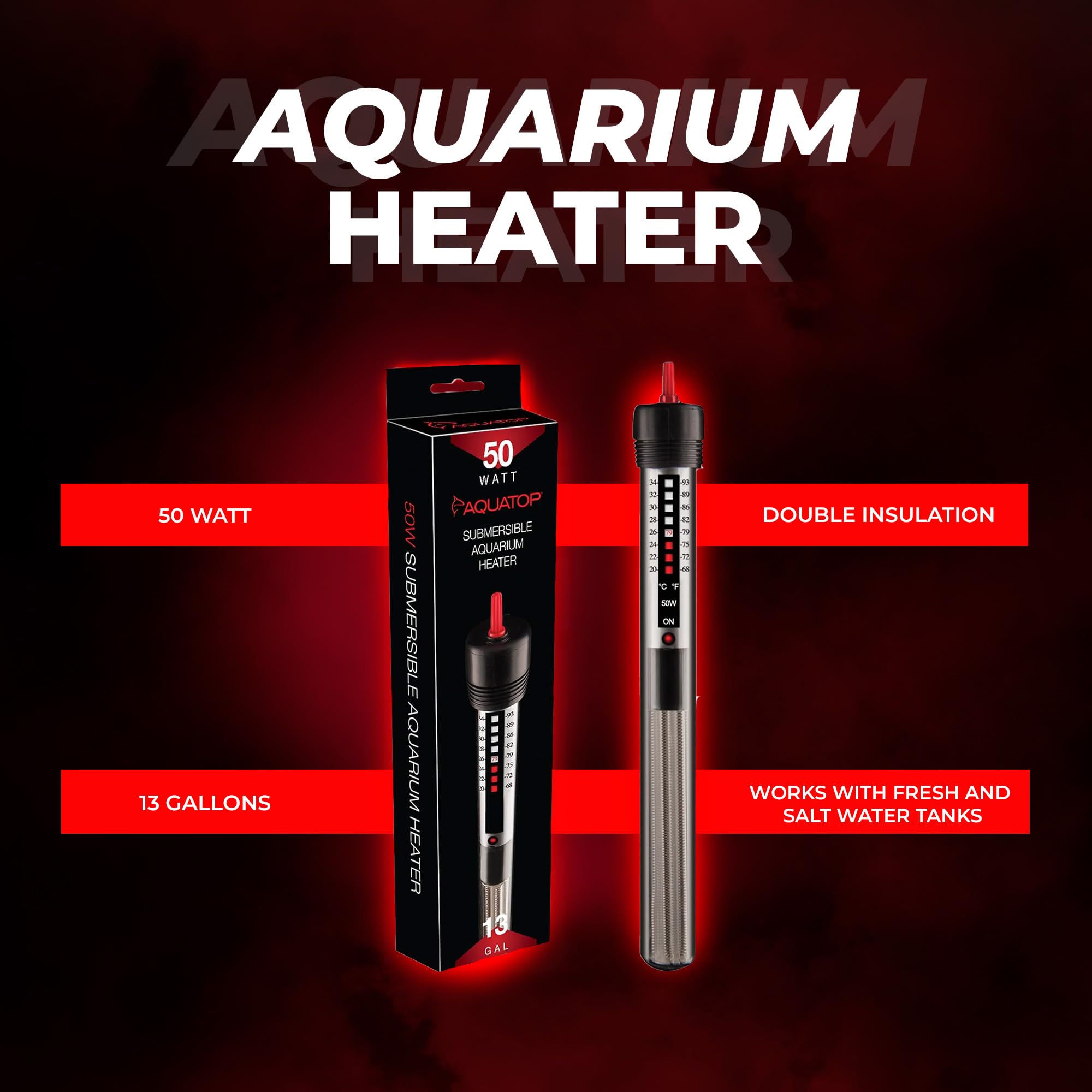 Aquatop 50W Aquarium Submersible Glass Heater – Adjustable Temperature 68-93°F – Fish Tanks Up To 13 Gal – For Freshwater & Saltwater Use – Gh-50