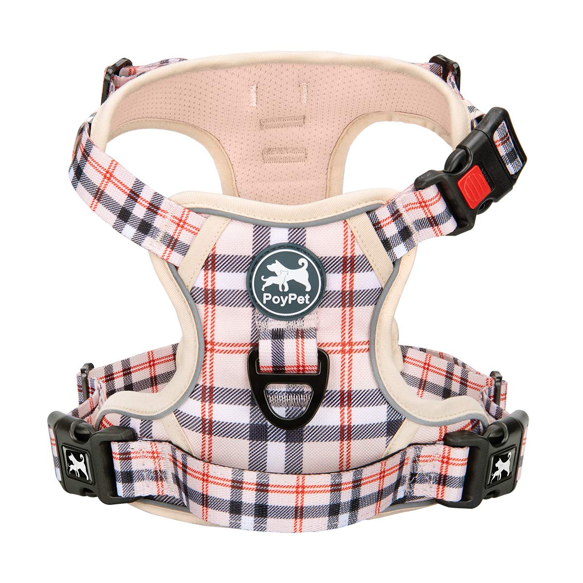Poypet No Pull Dog Harness, [Release On Neck] Reflective Adjustable No Choke Pet Vest With Front & Back 2 Leash Attachments(Chec