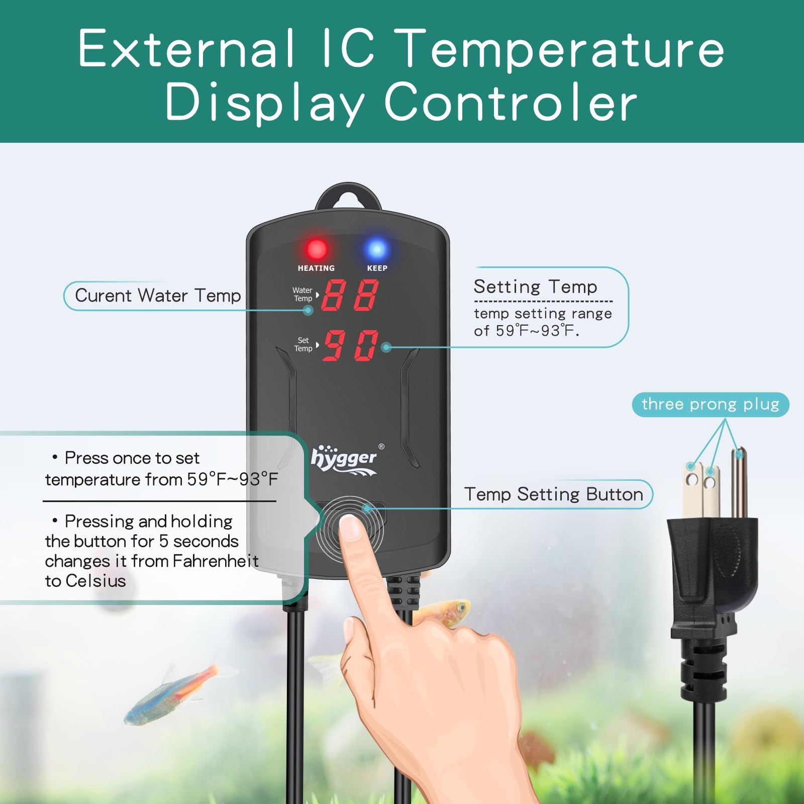 Hygger 40-75 Gallon Small Aquarium Heater With Led Display Controller, Quartz Submersible Fish Tank Heater 300 W Saltwater Fresh