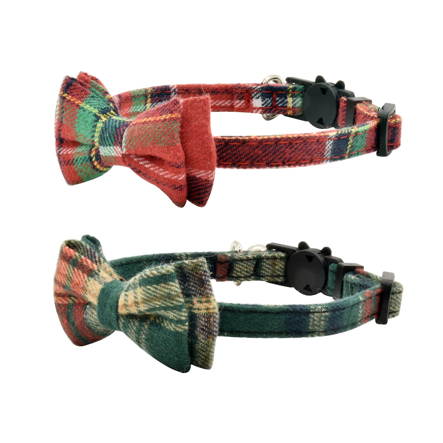 Cat Collar Breakaway With Bell And Bow Tie, Plaid Design Adjustable Safety Kitty Kitten Collars(6.8-10.8In)(Christmas Red&Green)