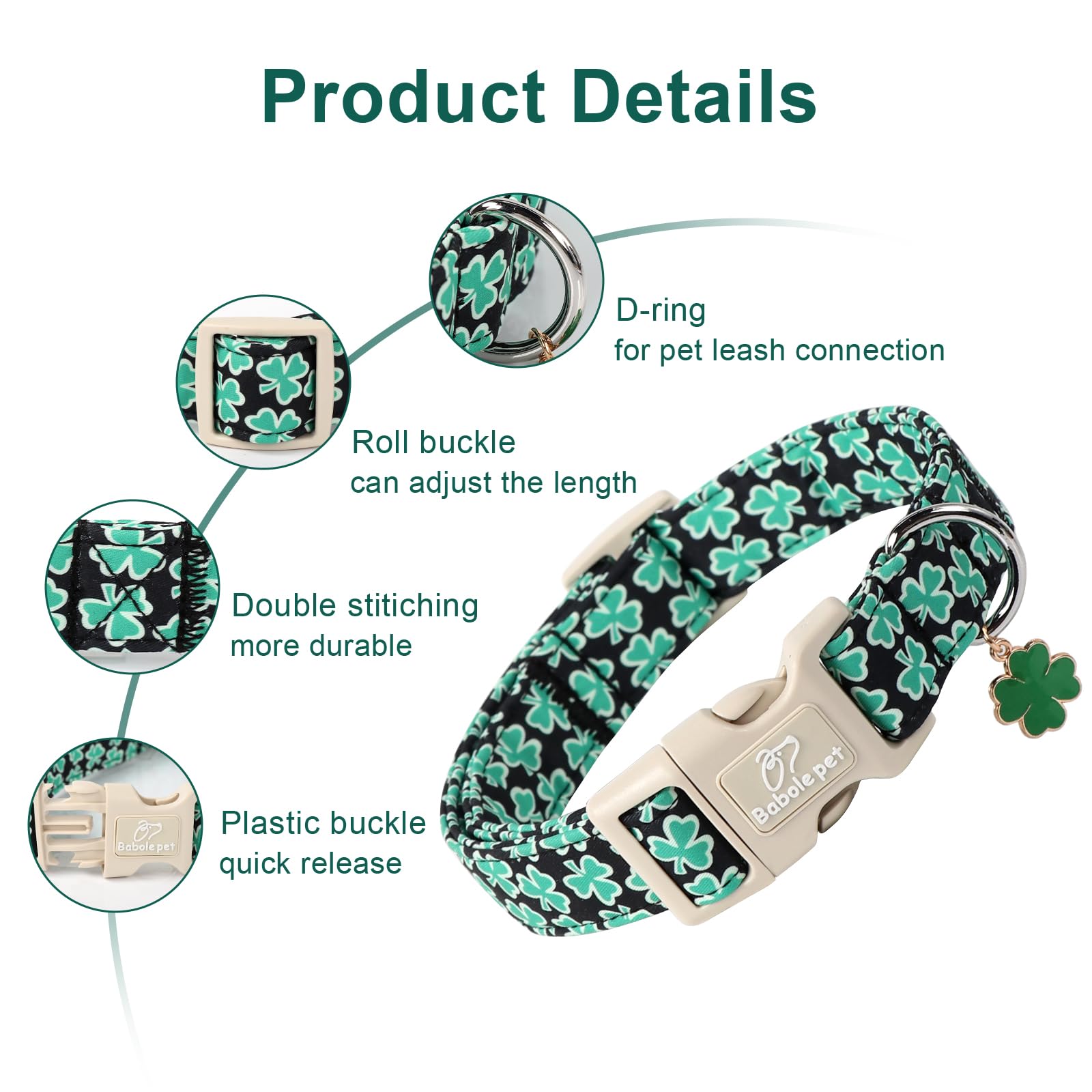 Babole Pet St Patricks Day Clover Dog Collar, Lucky Shamrock Dog Collars, Adjustable Cute Trefoil Dog Collar with Quick Release