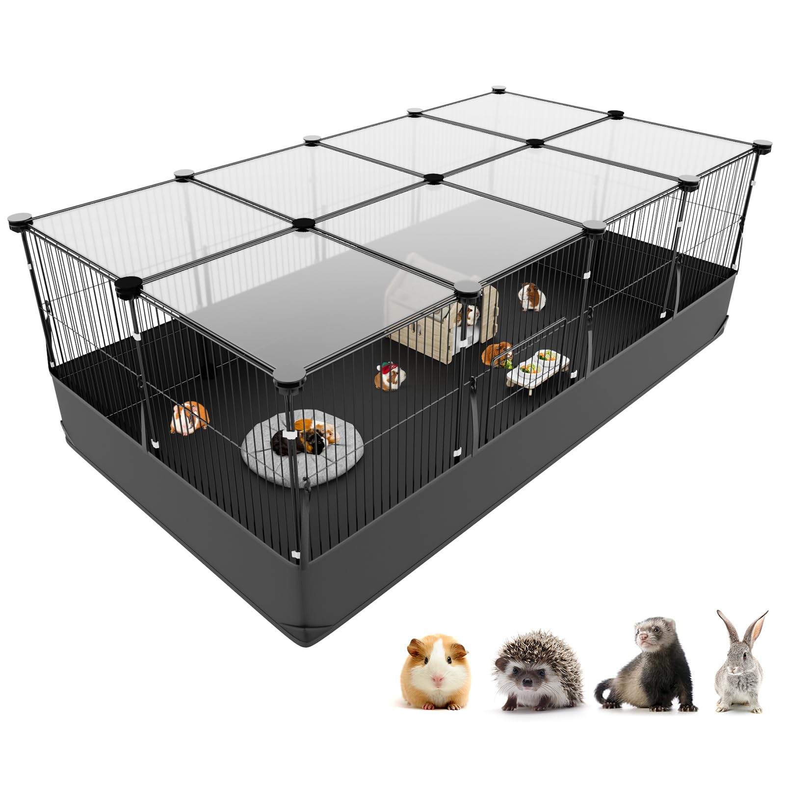 Tresbro Guinea Pig Cage with Top Cover & 12 Panels, Triple Fixing Measures Small Animal Playpen with Waterproof PVC Liner & One-