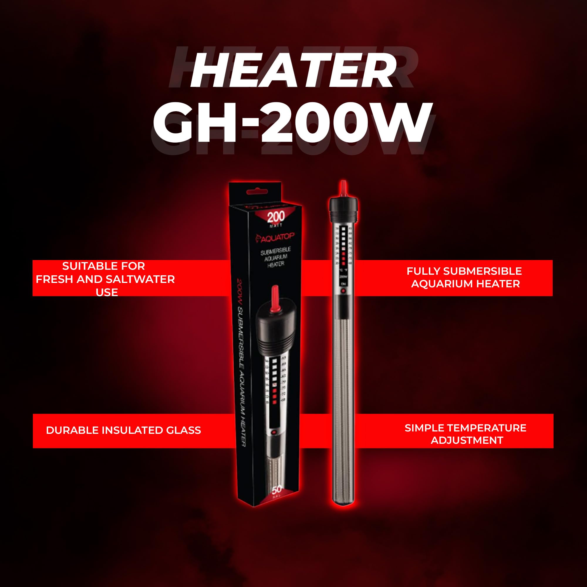 Aquatop 200W Submersible Aquarium Heater, Adjustable Temp for 50 Gallon Tanks, Black, Model GH-200WMKII, Freshwater & Saltwater Use