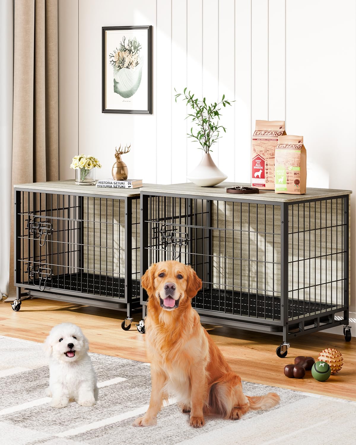 Dog Crate Furniture, 38 Dog Kennel End Table, Wooden Dog Cage with Wheels & Double Doors, Dog Crate Indoor Dog House for Large M