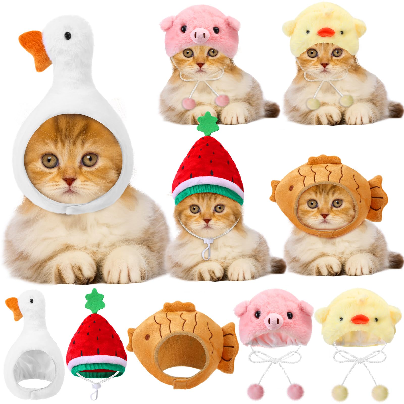 Weewooday 5 Pcs Cat Adorable Costume Pig Chick Goose Watermelon Taiyaki Fish Cat Hat for Pets and Small Dogs Kitten Puppy Party 