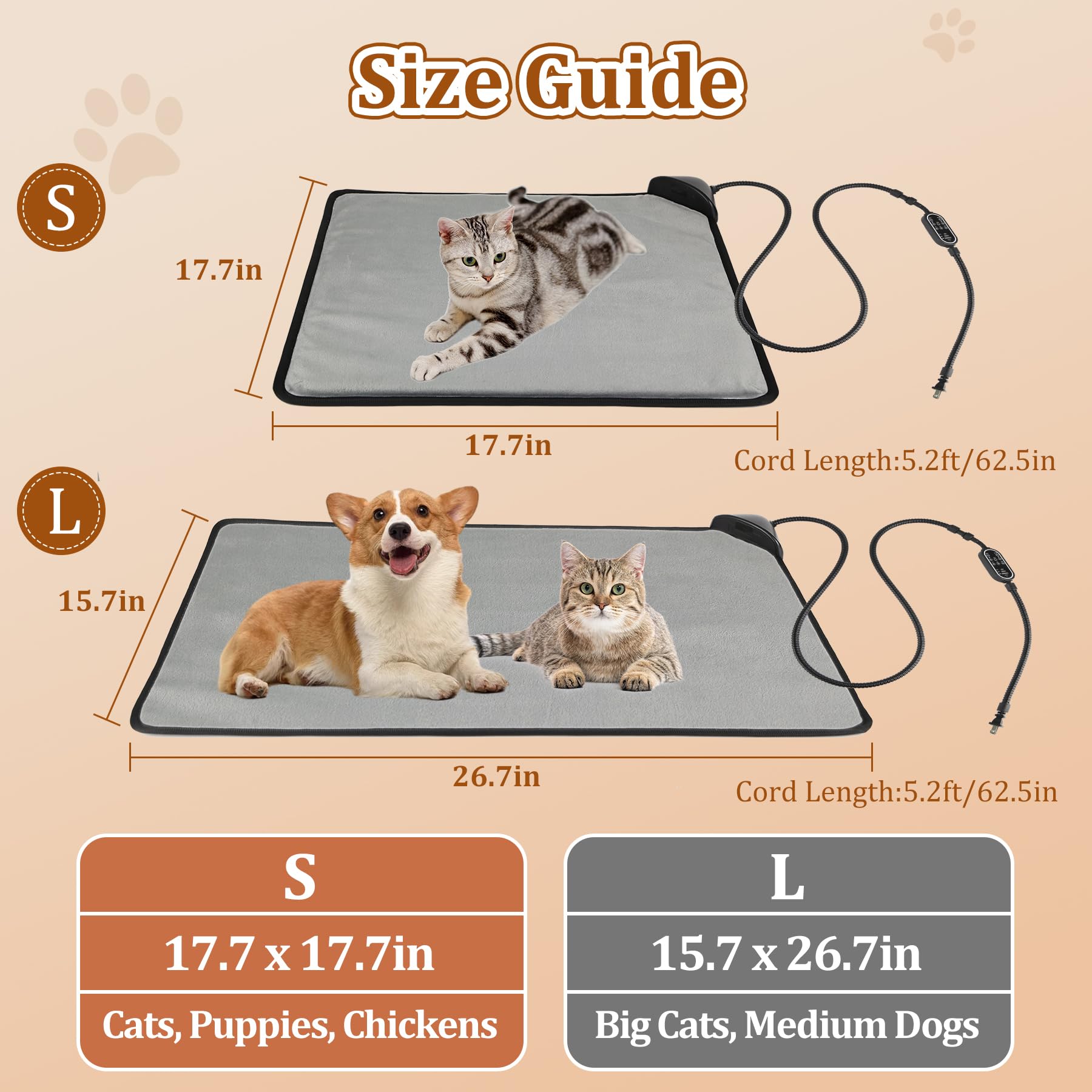 Rasfalo Cat & Dog Heating Pad - 3 Timer And 3 Level Temperature Smart Sensor Electric Pet Pad With Chew Resistant Cord, Indoor O