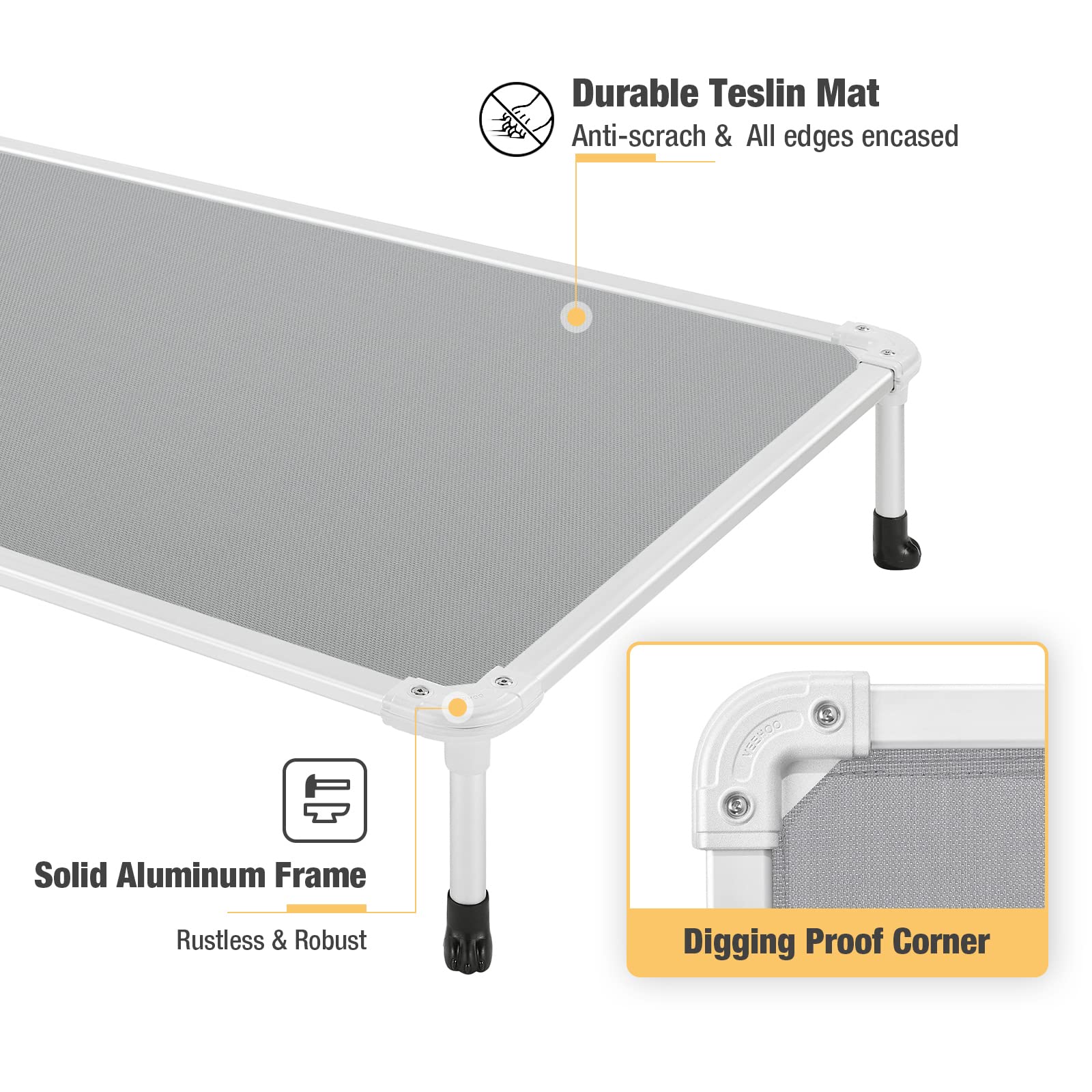 Veehoo Chew Proof Elevated Dog Bed - Cooling Raised Pet Cot - Silver Aluminum Frame And Durable Textilene Mesh Fabric, Unique Designed No-Slip Feet For Indoor Or Outdoor Use, Gray, Large