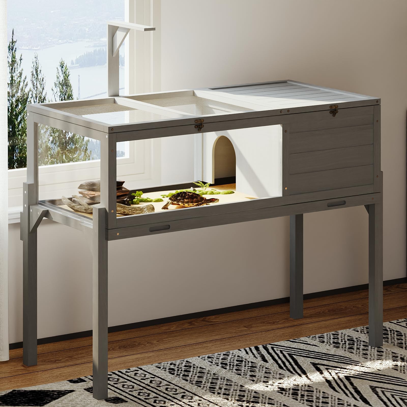 Pretzi Tortoise Habitat With Lamp Holder, Turtle Enclosure Indoor/Outdoor, Wooden House For Small Animals, Reptile Terrarium Tab