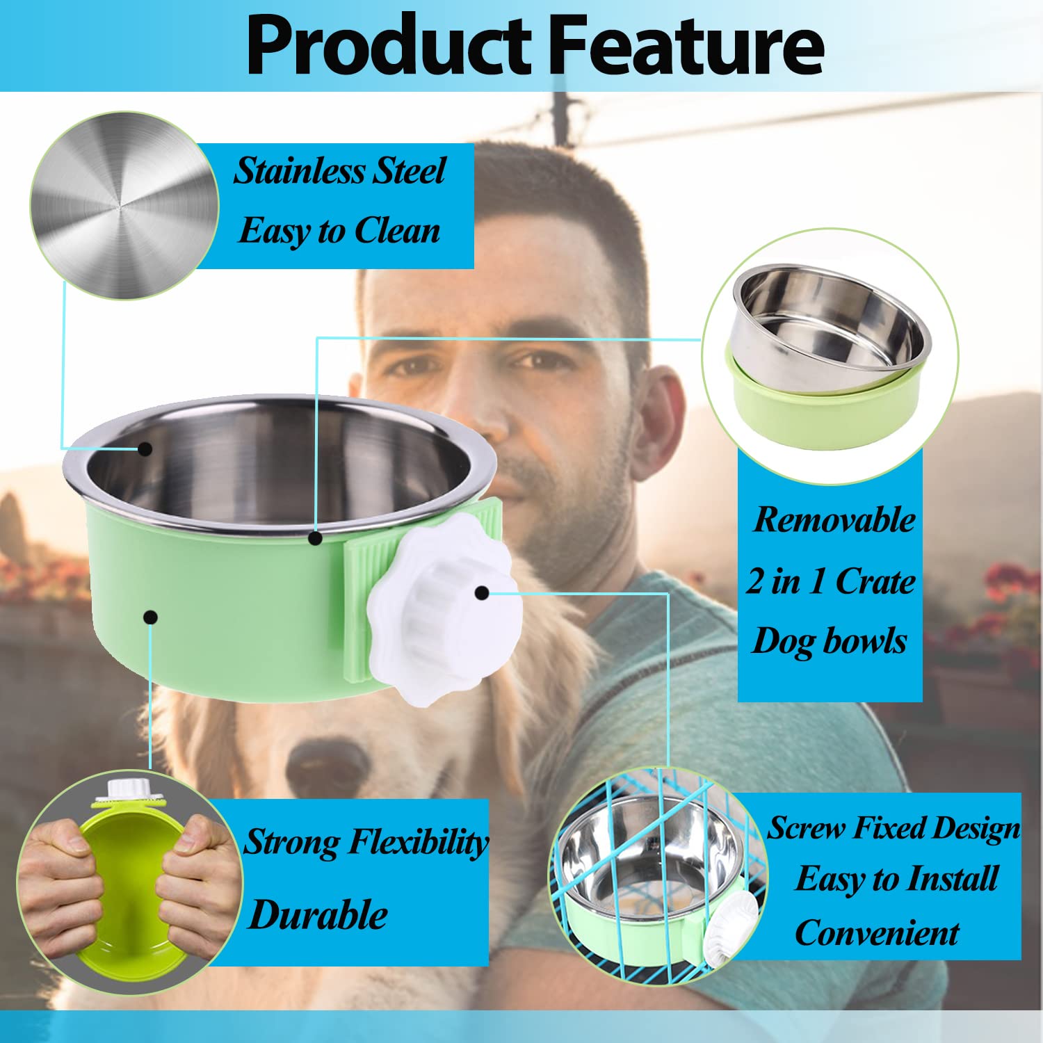 Mechpia 2 Pieces Crate Dog Bowl, Removable Stainless Steel Pet Kennel Hanging Food Water Feeder Bowl Cage Coop Cup for Puppy Med