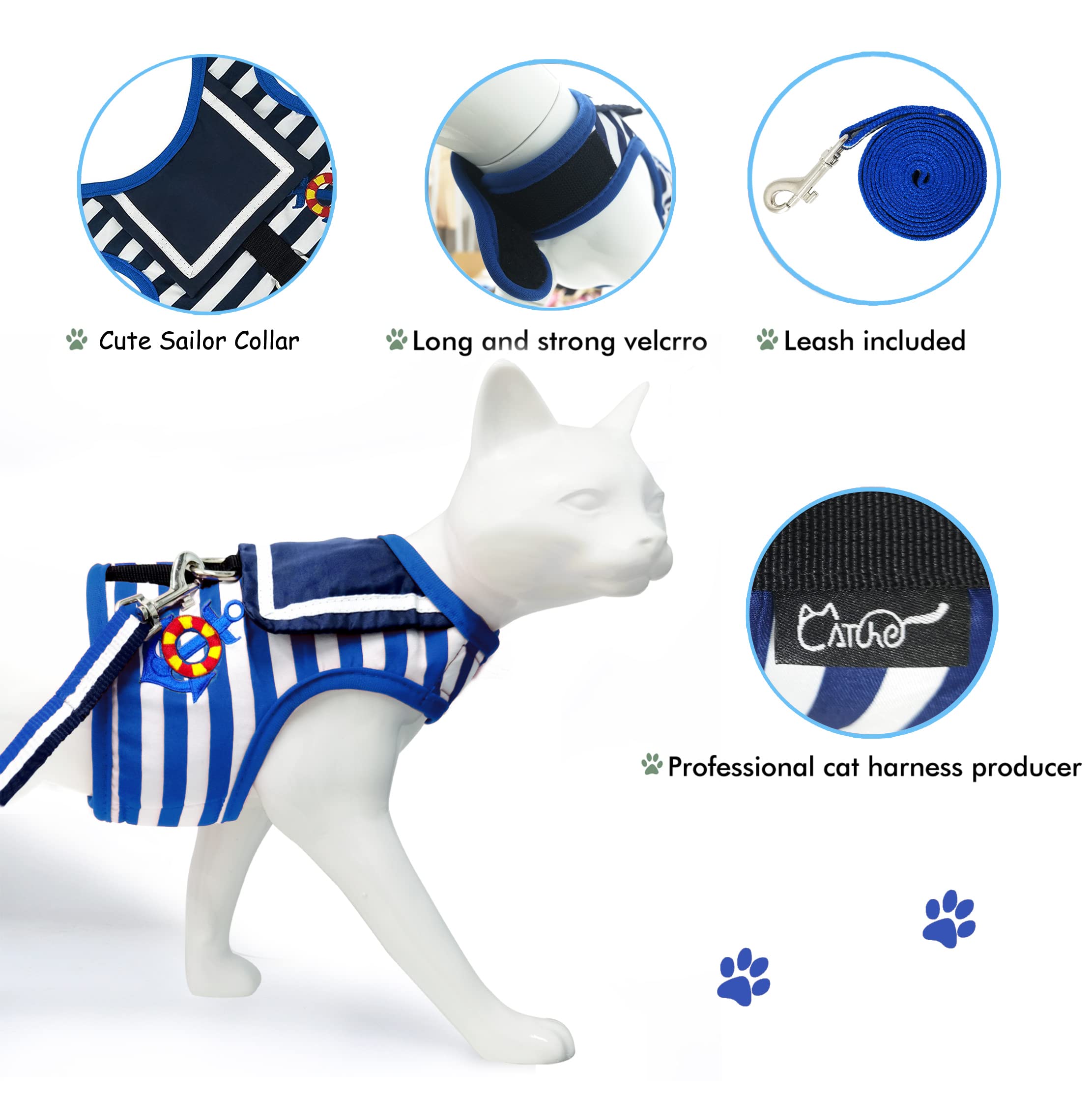 Yizhi Miaow Cat Harness And Leash For Walking Escape Proof, Adjustable Cat Vest Harness, Padded Stylish Cat Walking Jackets, Sailor Suit Navy, Large