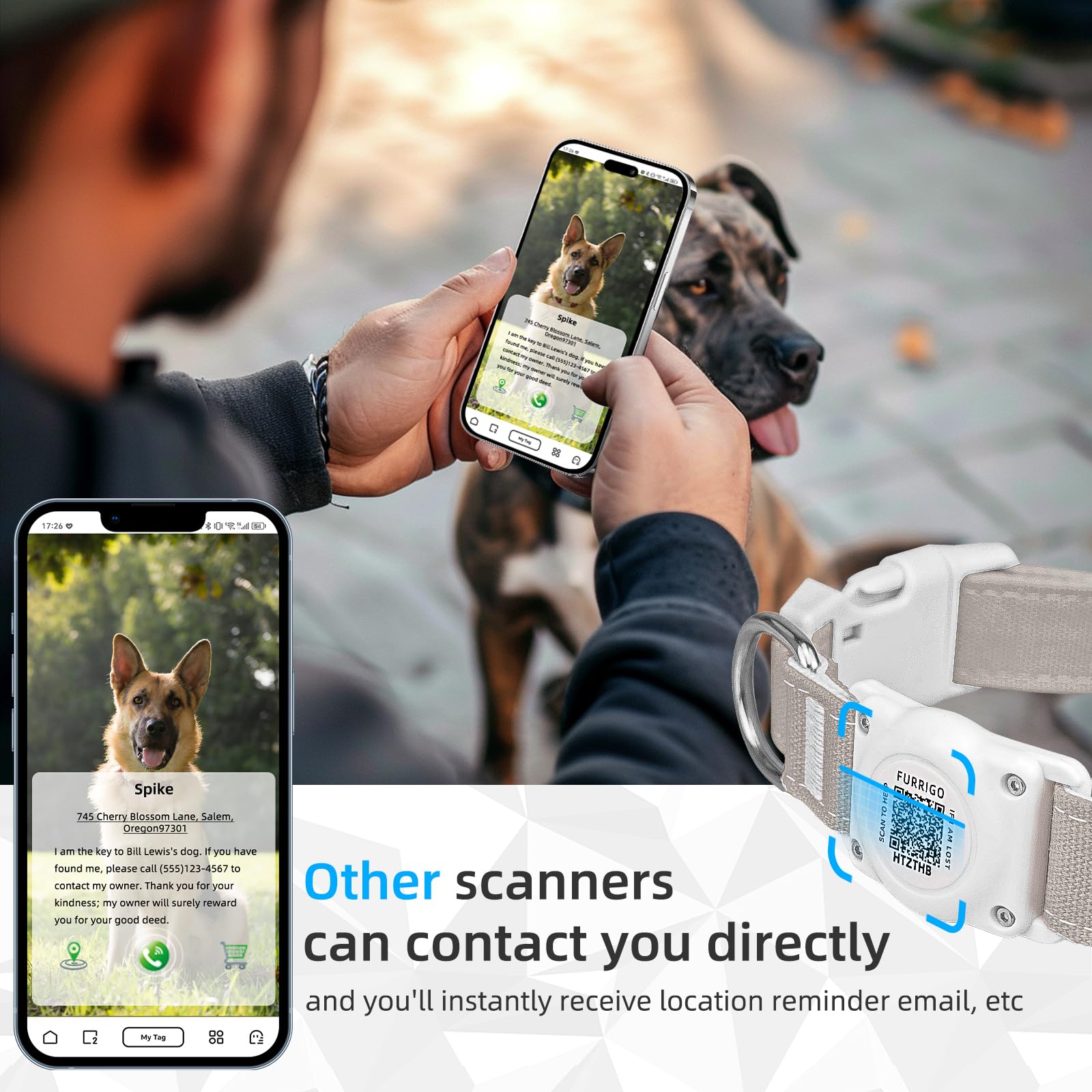 Airtag Dog Collar QR Code - IP68 Waterproof Integrated Air Tag Dog Collar Holder ID Tag - Free Pet Online Profile - Durable Natu