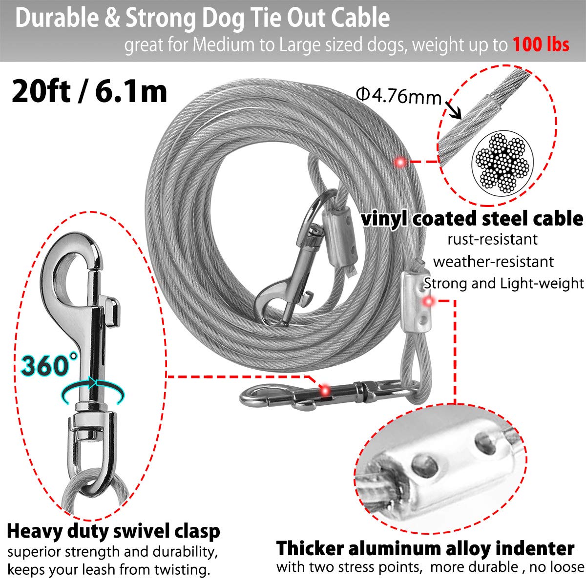 360° Swivel Dog Tie Out Cable And Stake - 2025 Upgrad Stainless Steel Dog Stake Dog Anchor For Small To Large Dogs - No Tangle Reflective Dog Run Cable For Yard (Silver, Stake With 20 Ft Cable)