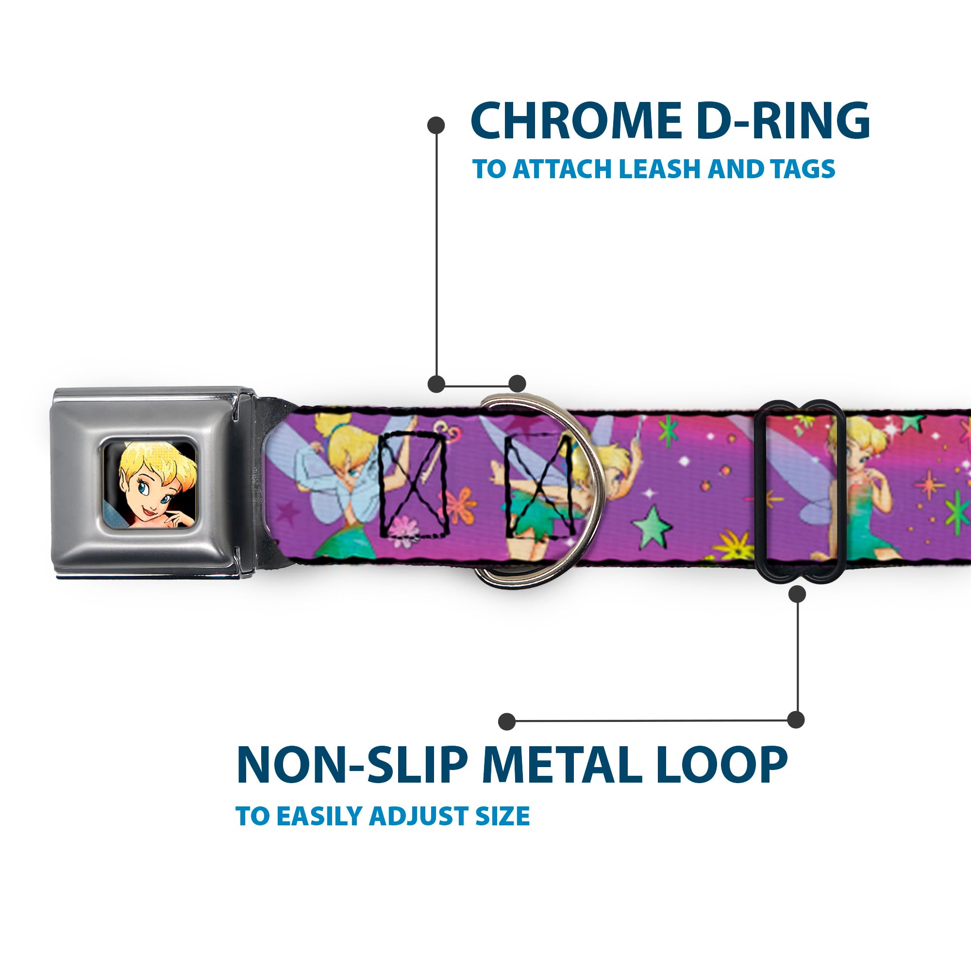 Buckle-Down Dog Collar Seatbelt Buckle Tinker Bell Poses Flowers Stars Skull Purple 15 To 26 Inches 1.0 Inch Wide, Multi Color,