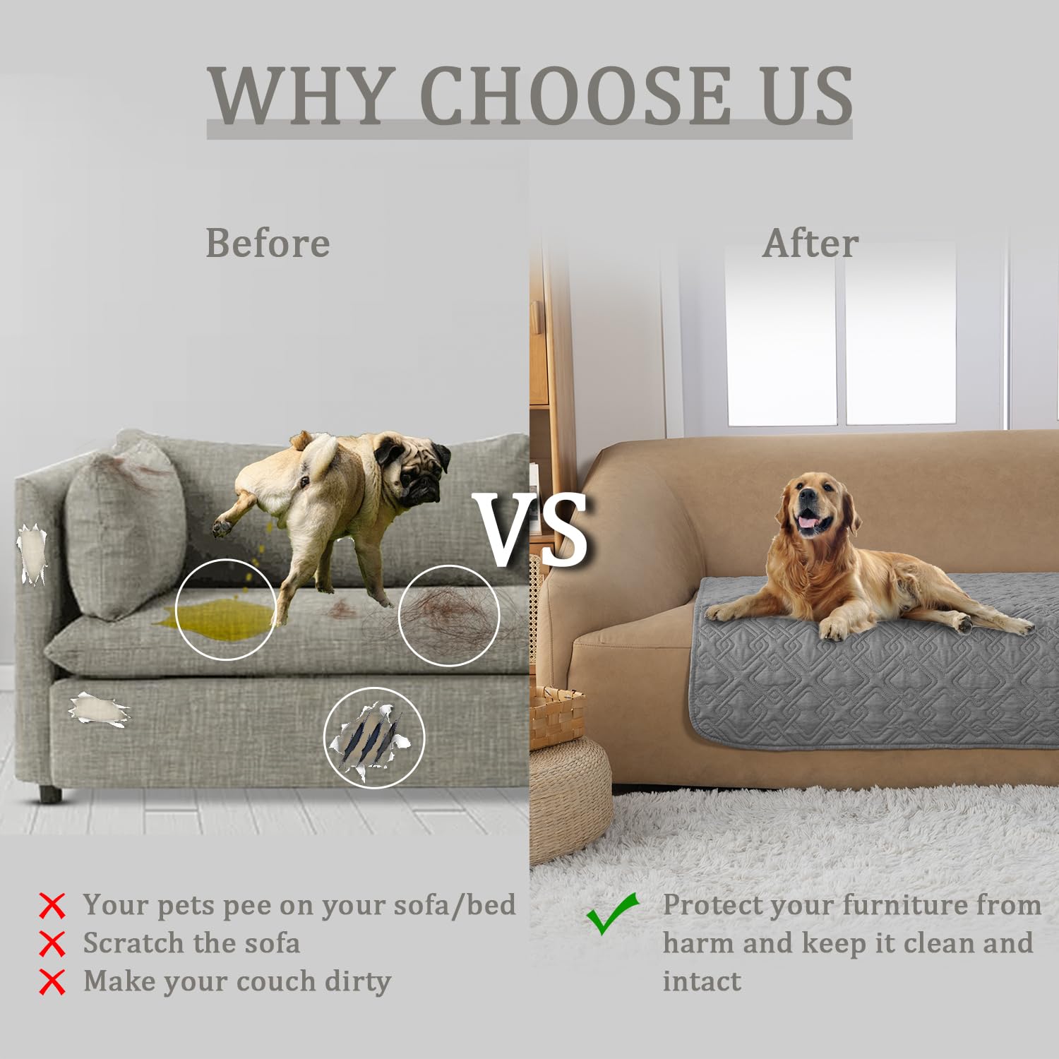 Fuguitex Waterproof Dog Bed Cover Dog Blanket For Pet Furniture Bed Couch Sofa Reversible Linen Texture(82''*102'',Light Grey+ L