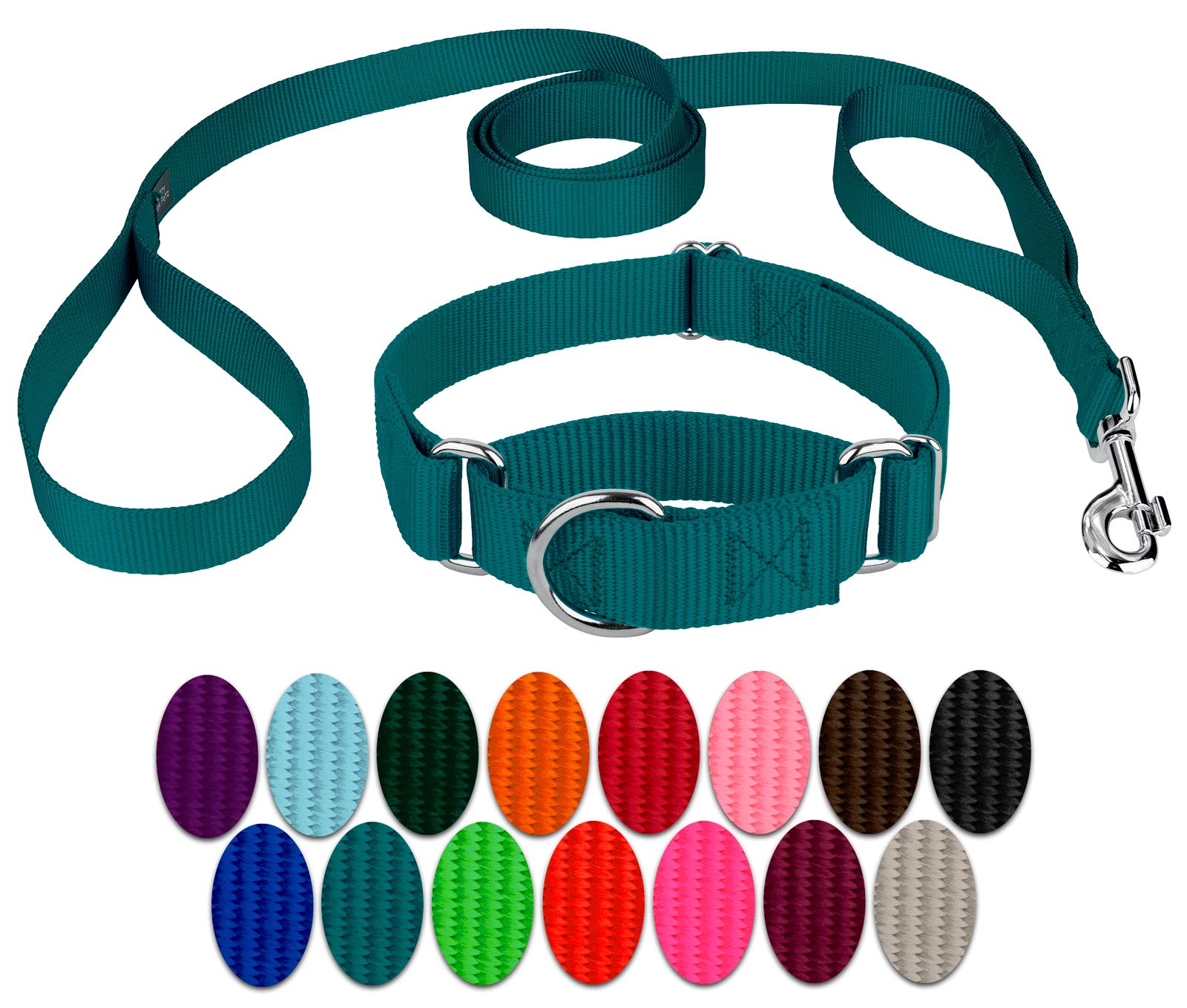 Country Brook Petz - Teal Martingale Heavyduty Nylon Dog Collar And Double Handle Leash (3/4 Inch, Small)