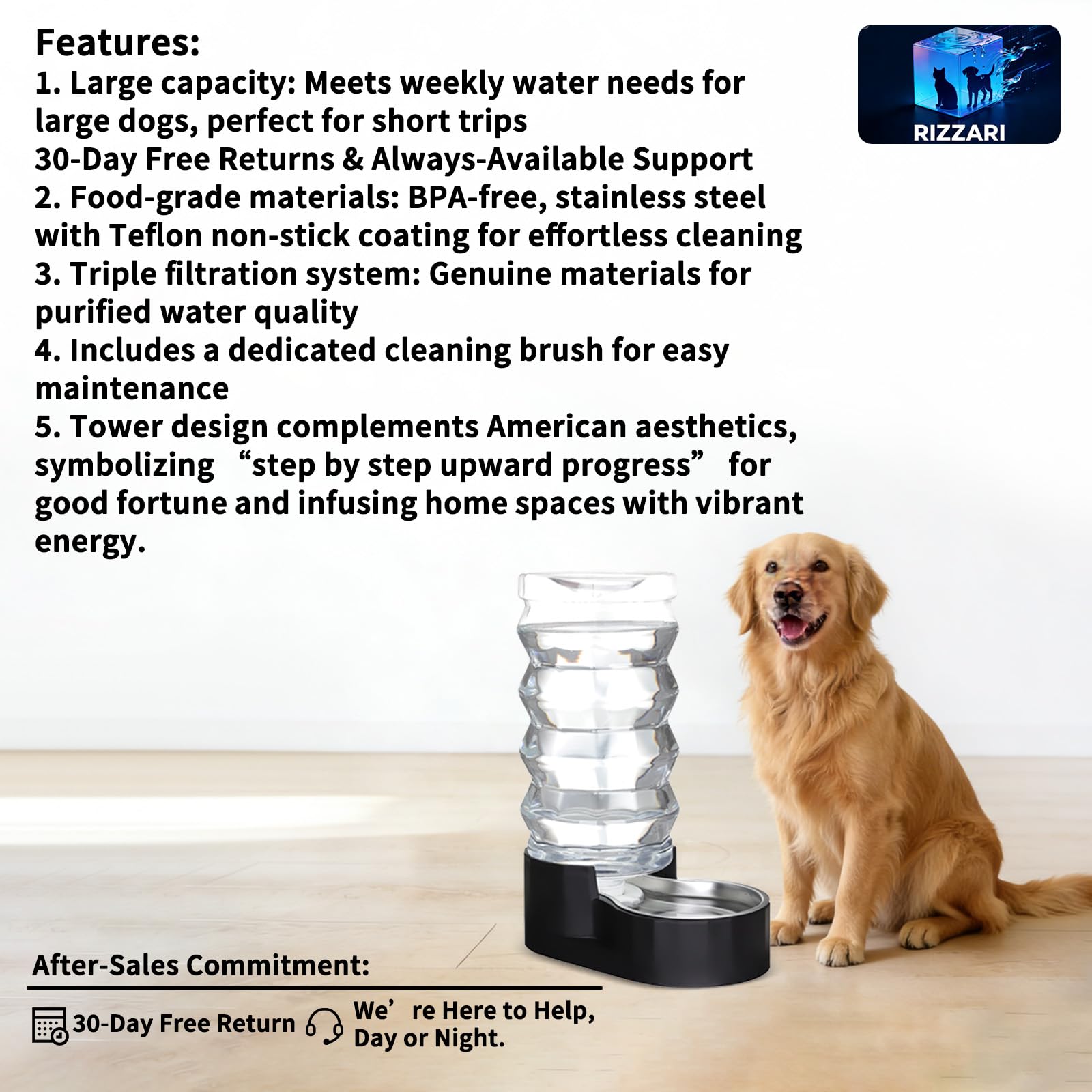 RIZZARI Large Dog Water Dispenser: Stainless Steel Pet Water Bowl - 9L Black Stainless Steel Automatic Pet Gravity Feeder with F