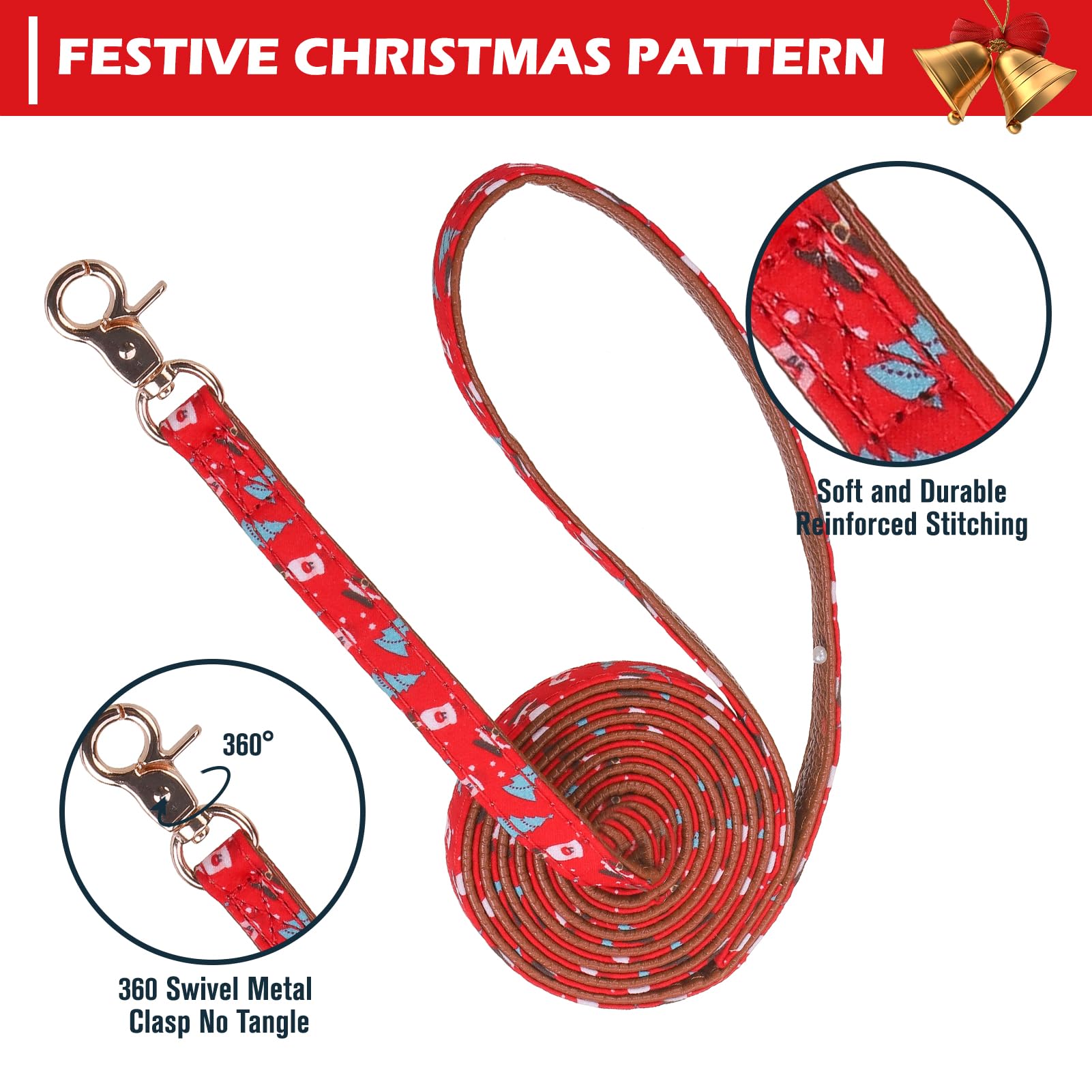 Expawlorer Christmas Collar And Leash Set - Embroidery Pawprints With Bow Tie, Bandana, Bell For Dogs Cats Outdoor Walking, Red