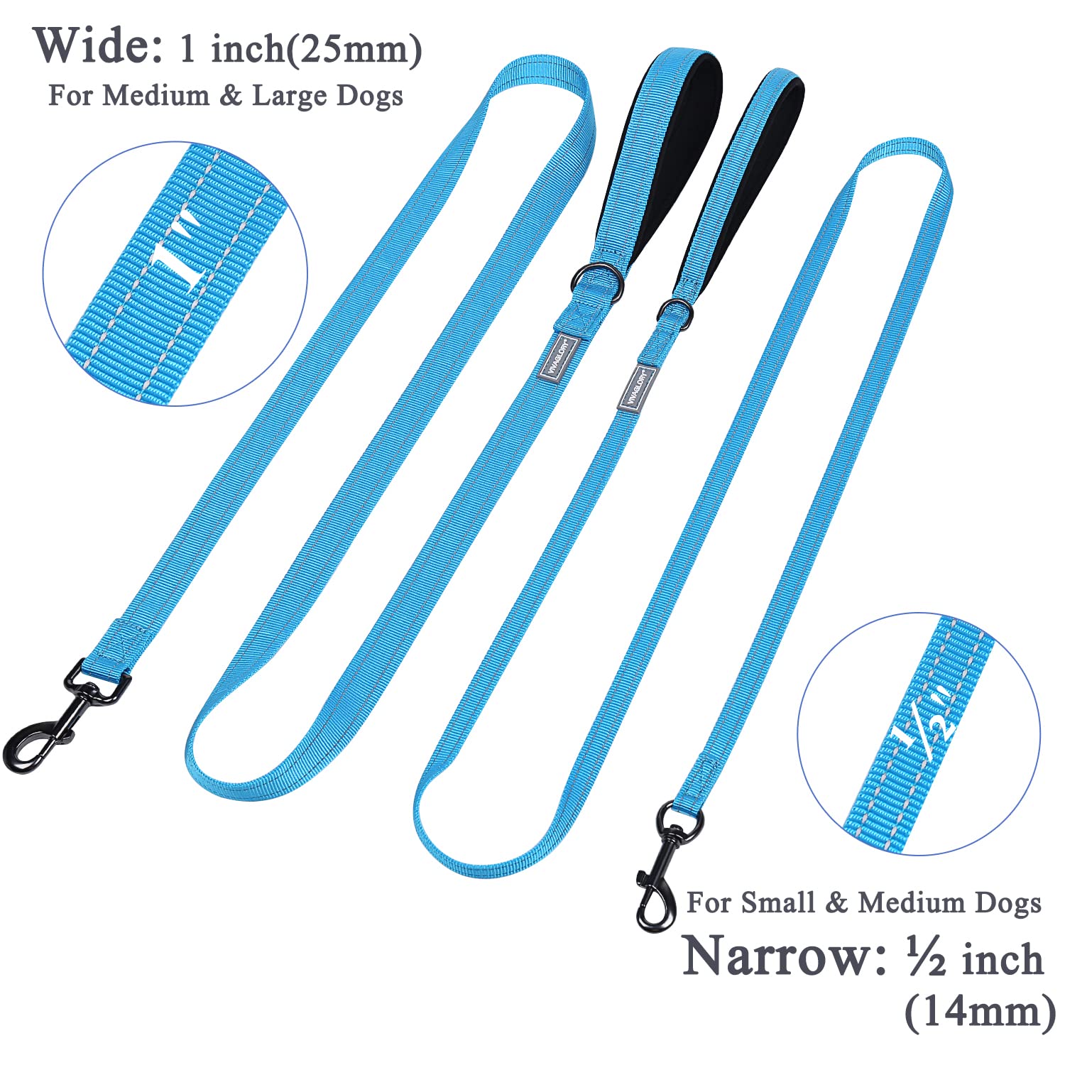 VIVAGLORY Dog Leash - 5ft Heavy Duty Nylon Training Leash with Padded Handle, Reflective Safety, Lake Blue for Medium & Large Dogs