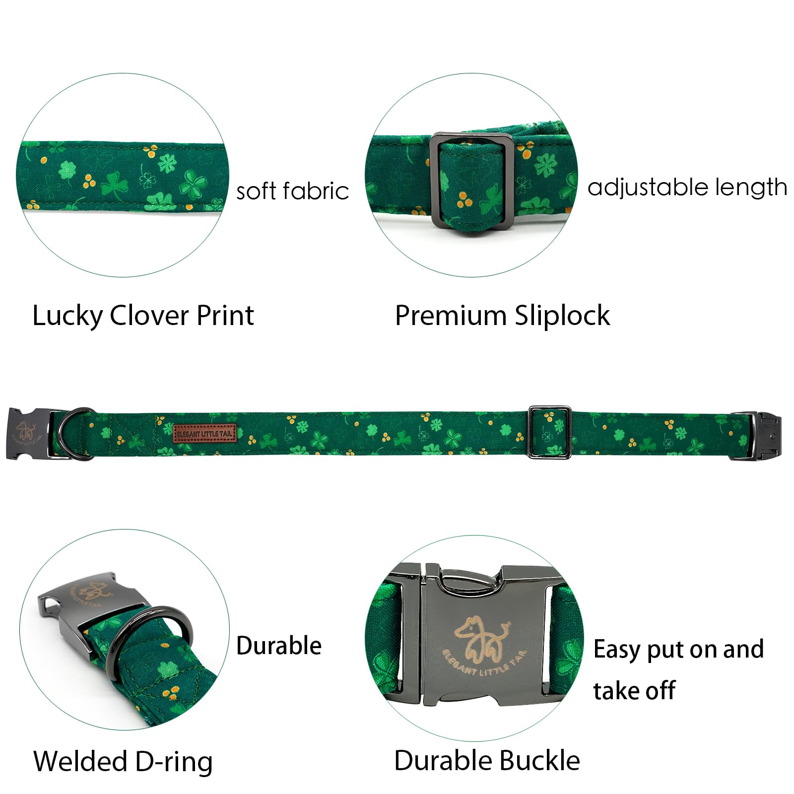 Elegant Cute Puppy Dog Collar, St Patrick's Day Green Clover Collar for Medium Dogs
