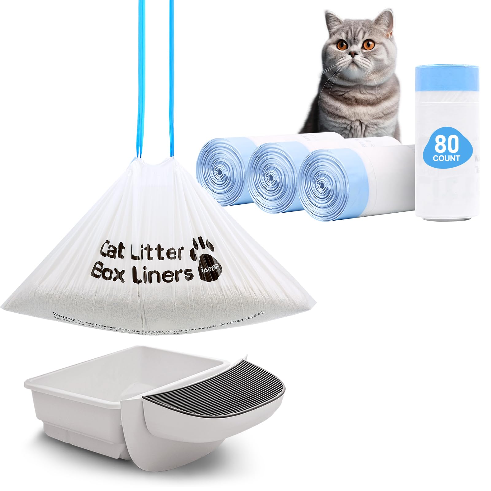Cat Litter Bags With Drawstring, 80 Count, 26.4''X15.8'' Cat Litter Box Liners For Litter Robot 4/3 & Automatic Cat Litter Boxes
