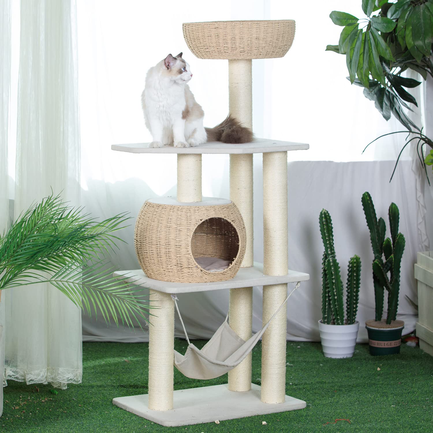 PawlaBay Wood Cat Tree for Indoor Cats, 52.4" Tall, Beige & Rattan, with Scratching Post & Hammock, Model MK220076
