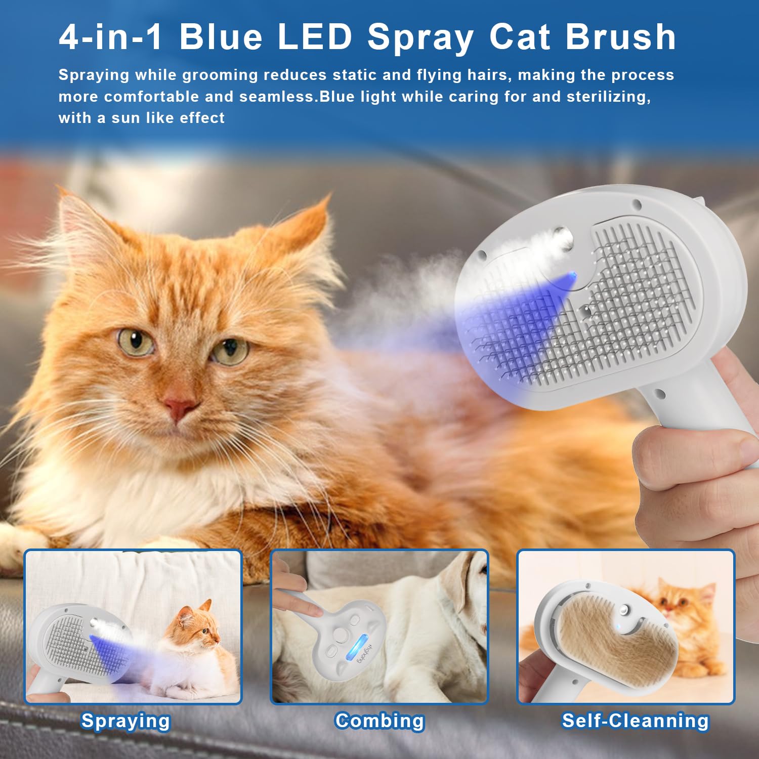 Pet Steam Brush For Shedding, 4 In 1 Brush For Long & Short Haired Cat&Dog, Self-Cleaning Hair Remover With Water Tank And Led B