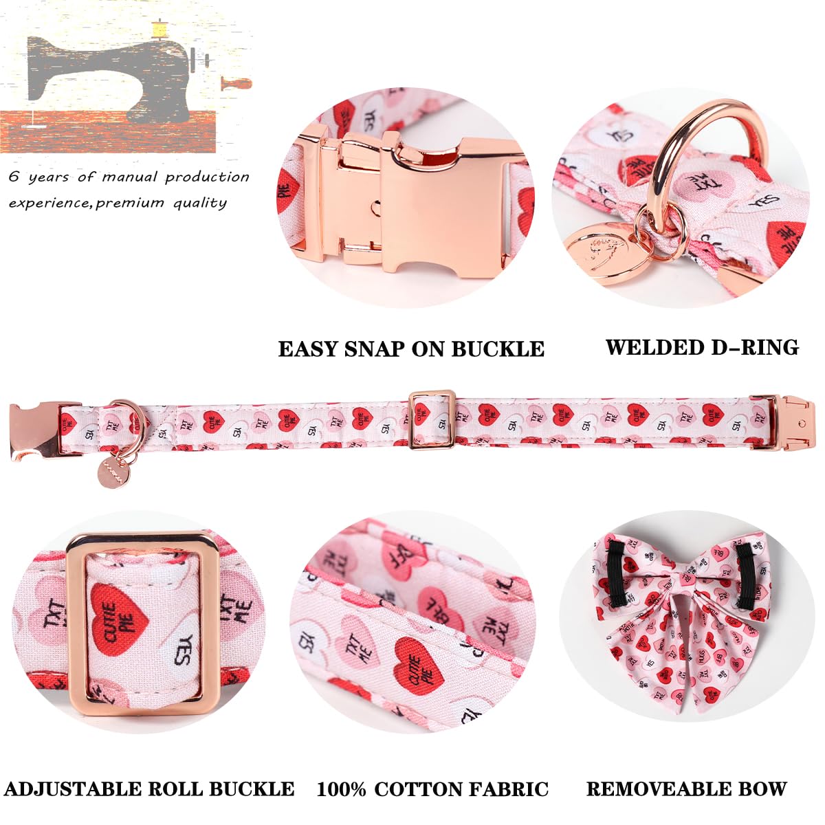 Dogwong Valentine'S Dog Collar With Sailor Bow, Adjustable Durable Pink Heart Dog Collar Cute Dog Collar For Small Medium Dogs