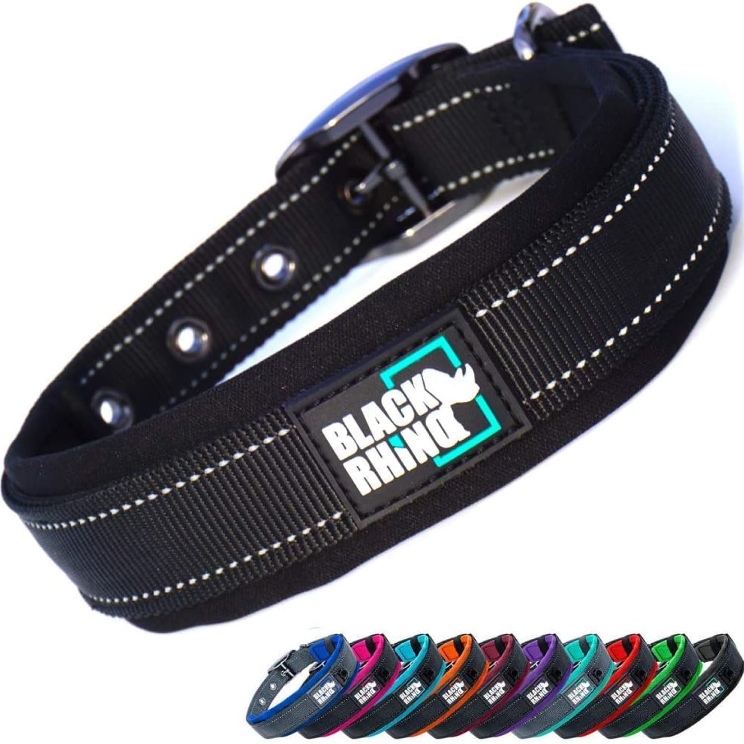 Black Rhino Dog Collar For Medium Dogs - 14-18 Inches Adjustable Reflective Dog Collar With Metal Buckle And Ultra-Soft Neoprene