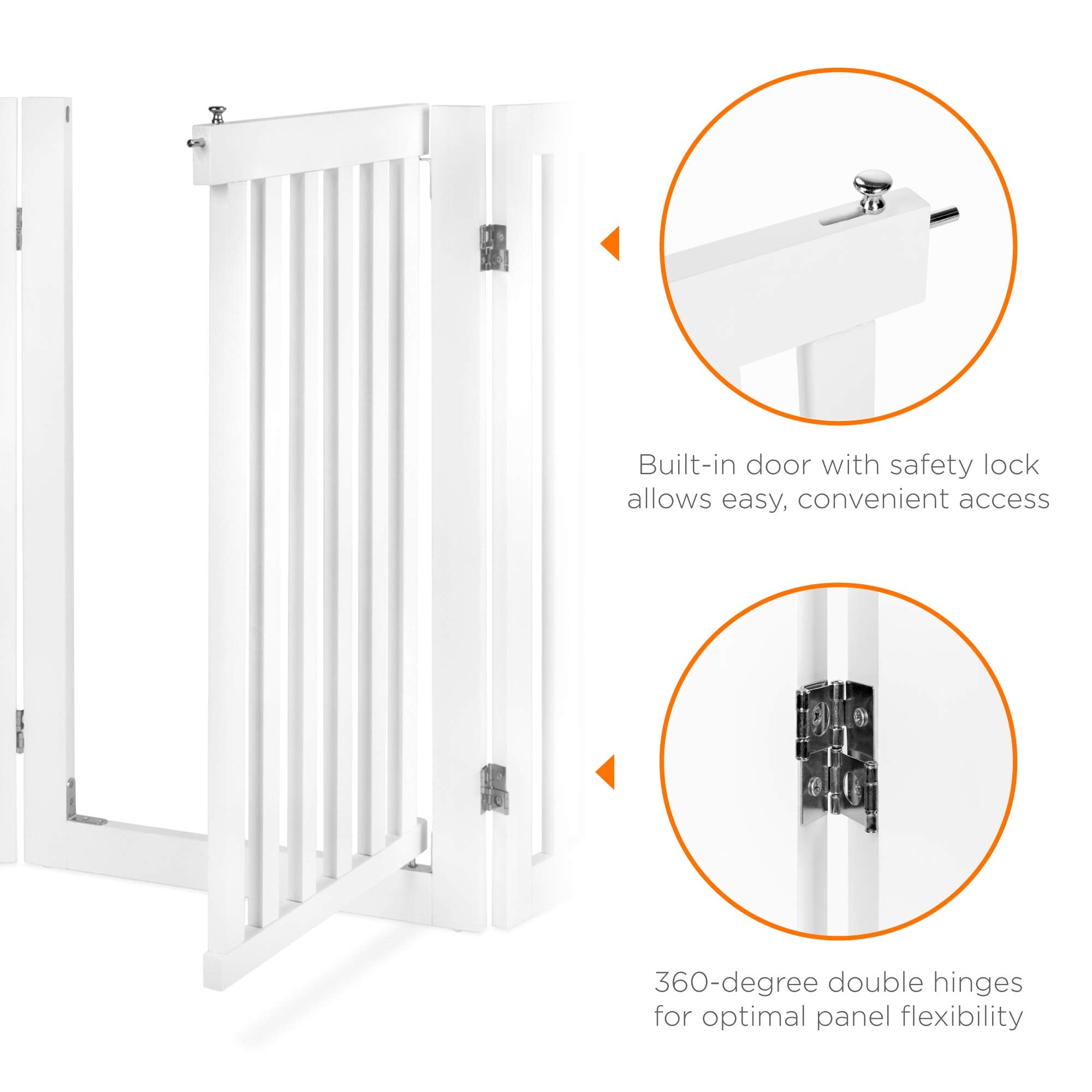 Best Choice Products 31.5In 4-Panel Freestanding Wooden Pet Gate W/Walk Through Door, Adjustable Pen, Support Feet - White