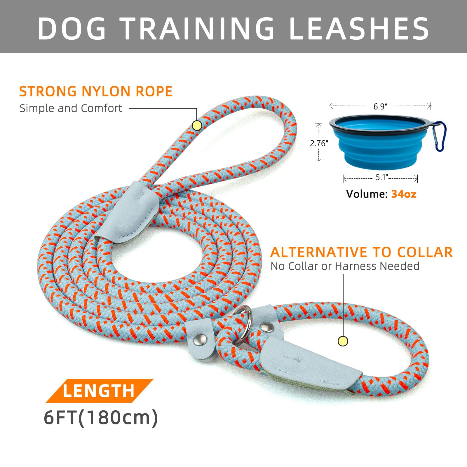 POUPUA 1/2 x 6 FT Durable Slip Leads for Dogs, Heavy Duty Strong Rope Slip Leash for Large, Medium Dogs No Pull Training Leashes