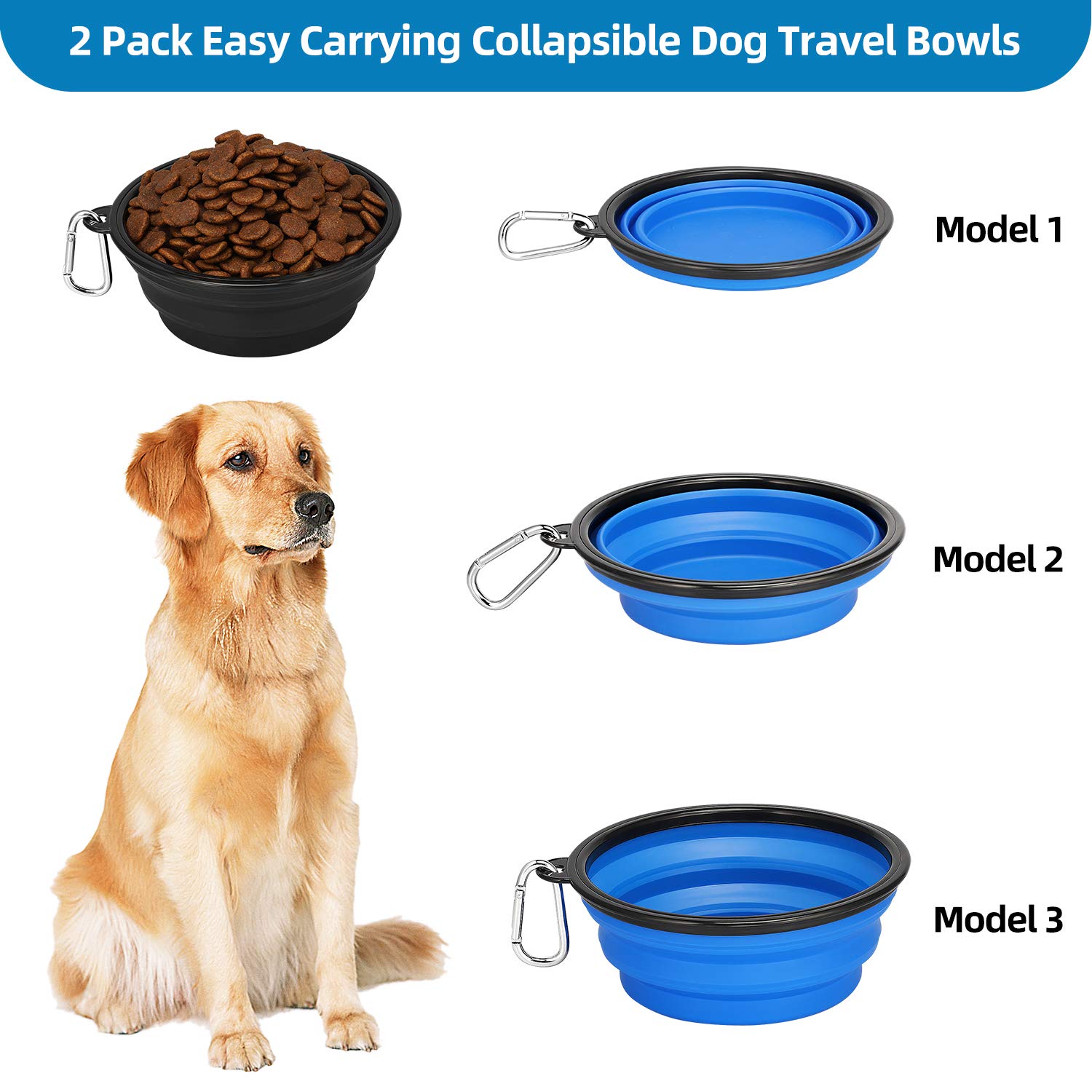 Kytely Large Collapsible Dog Bowls 2 Pack, 34oz Foldable Dog Travel Bowl, Portable Pet Water Food Bowl with Clasp, Pet Cat Feedi