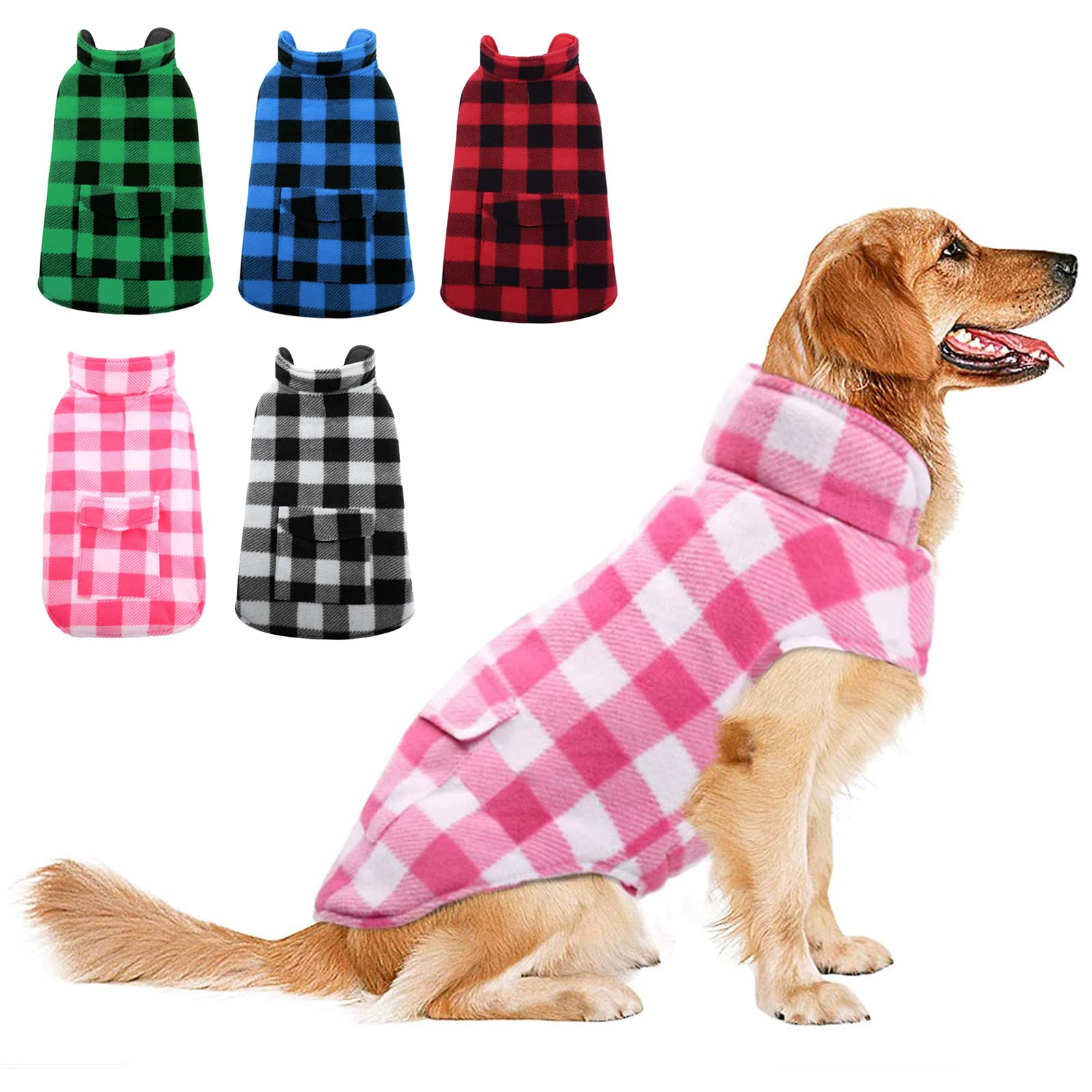 ASENKU Dog Winter Coat - Fleece Jacket, Plaid Reversible Dog Vest, Waterproof Windproof, Pink, S-XL