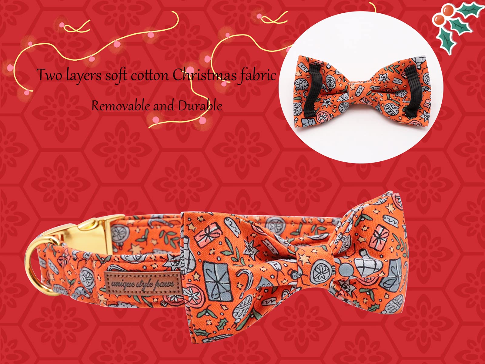 Unique Style Paws Christmas Dog Collar With Bow, Puppy Collar Pet Gift Adjustable Dog Collar Soft And Comfy Bowtie Collars For X
