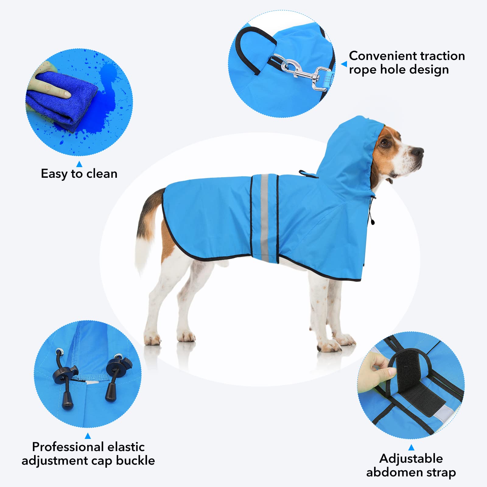 Ezierfy Waterproof Hooded Dog Raincoat - Adjustable Reflective Pet Jacket, Lightweight Dog Slicker Poncho For Small To X- Large Dogs And Puppies (Blue, Large)