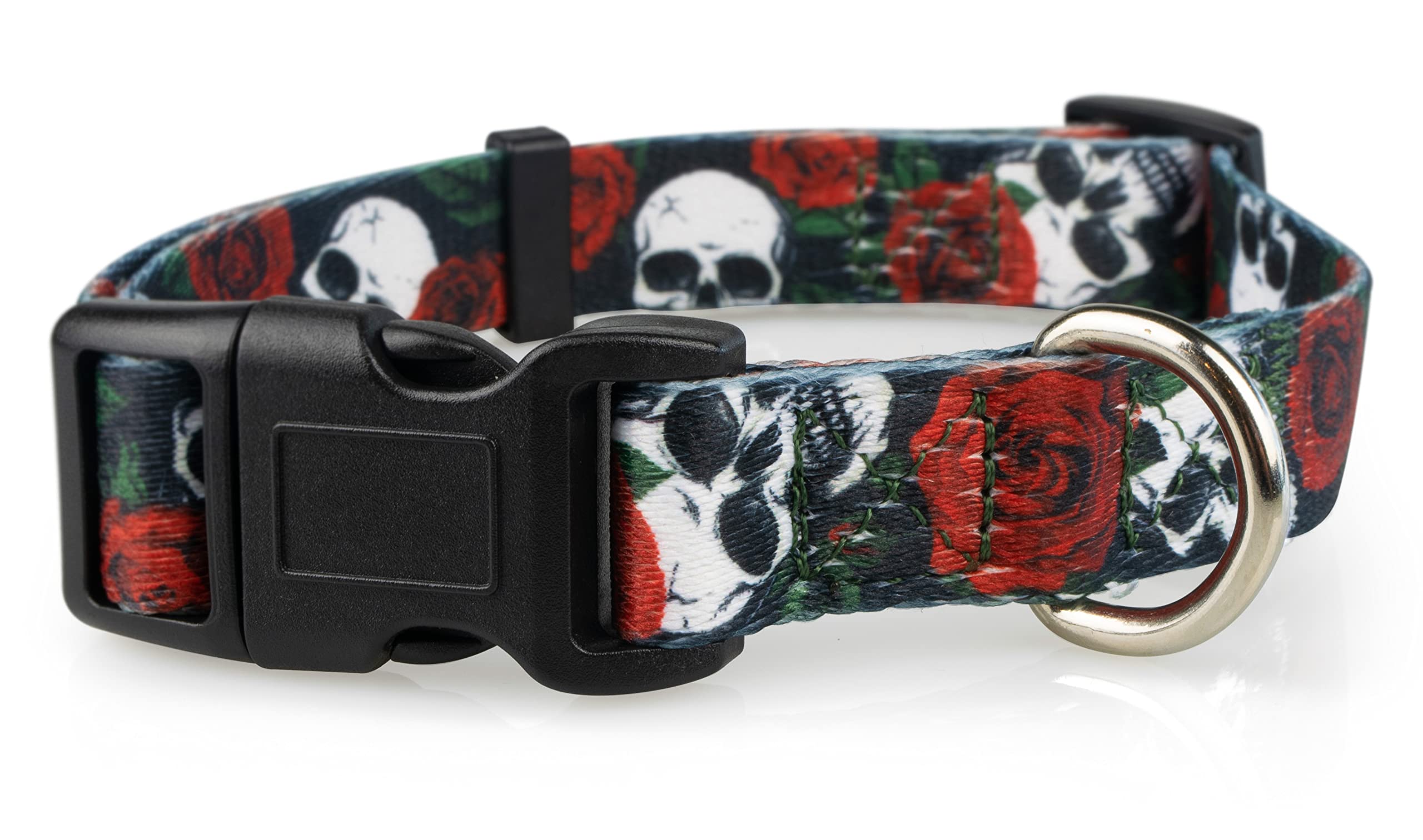 Limeloot Skulls and Roses Dog Collar for Medium Dogs, Boy or Girl Dog Collar with Flowers and Skulls, Medium