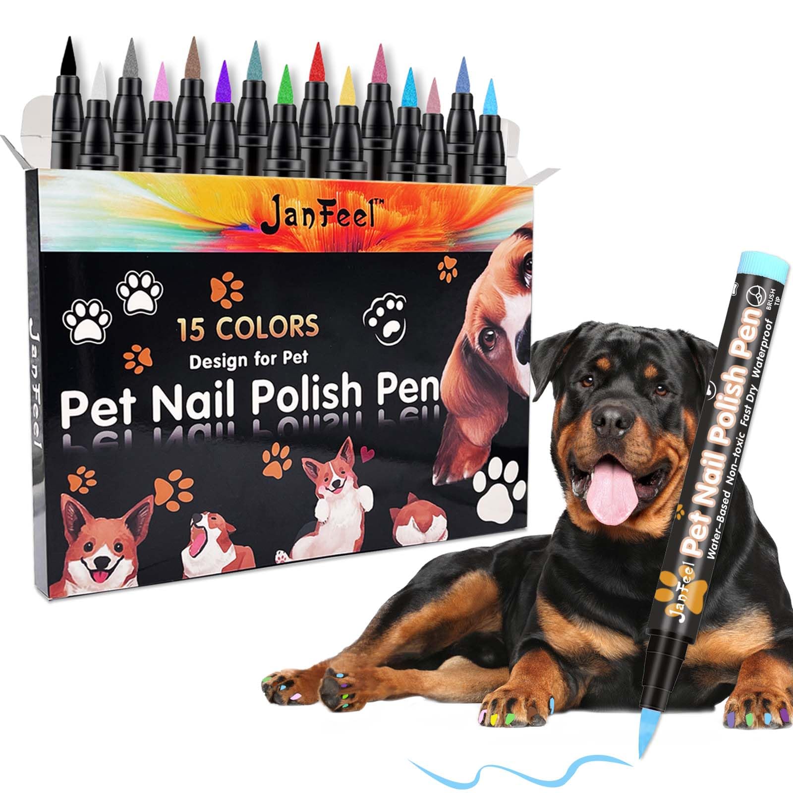 Janfeel Dog Nail Polish Pens, 15 Colors Pet Nail Polish Set Quick Dry Pet Safe Nail Polish Non Toxic Brush Tip Nail Polish Pens 
