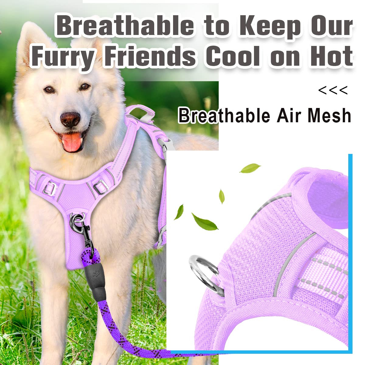 BARKBAY No Pull Dog Harness Front Clip Heavy Duty Reflective Easy Control Handle for Large Dog Walking with ID tag Pocket(Violet