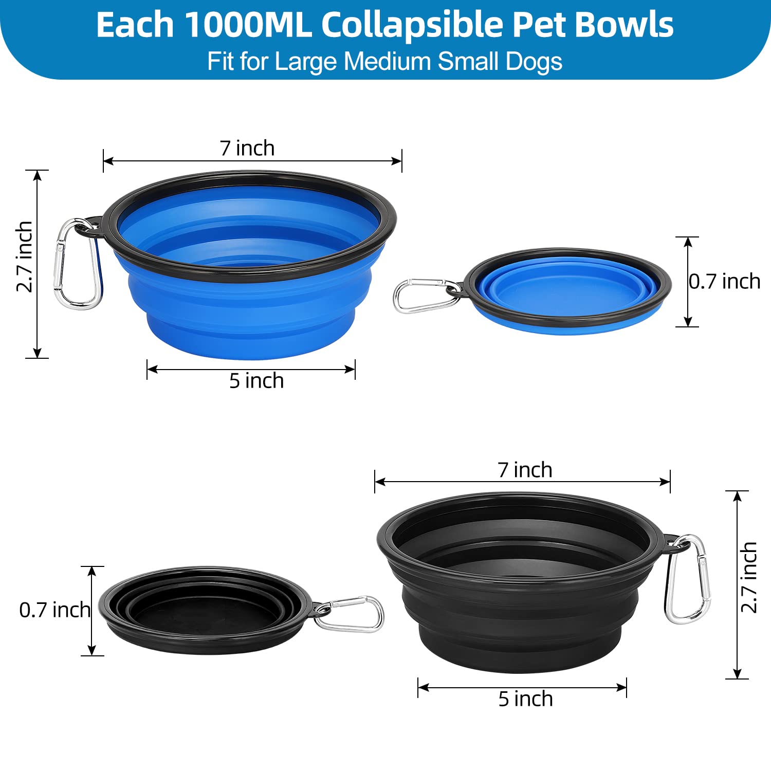 Kytely Large Collapsible Dog Bowls 2 Pack, 34oz Foldable Dog Travel Bowl, Portable Pet Water Food Bowl with Clasp, Pet Cat Feedi