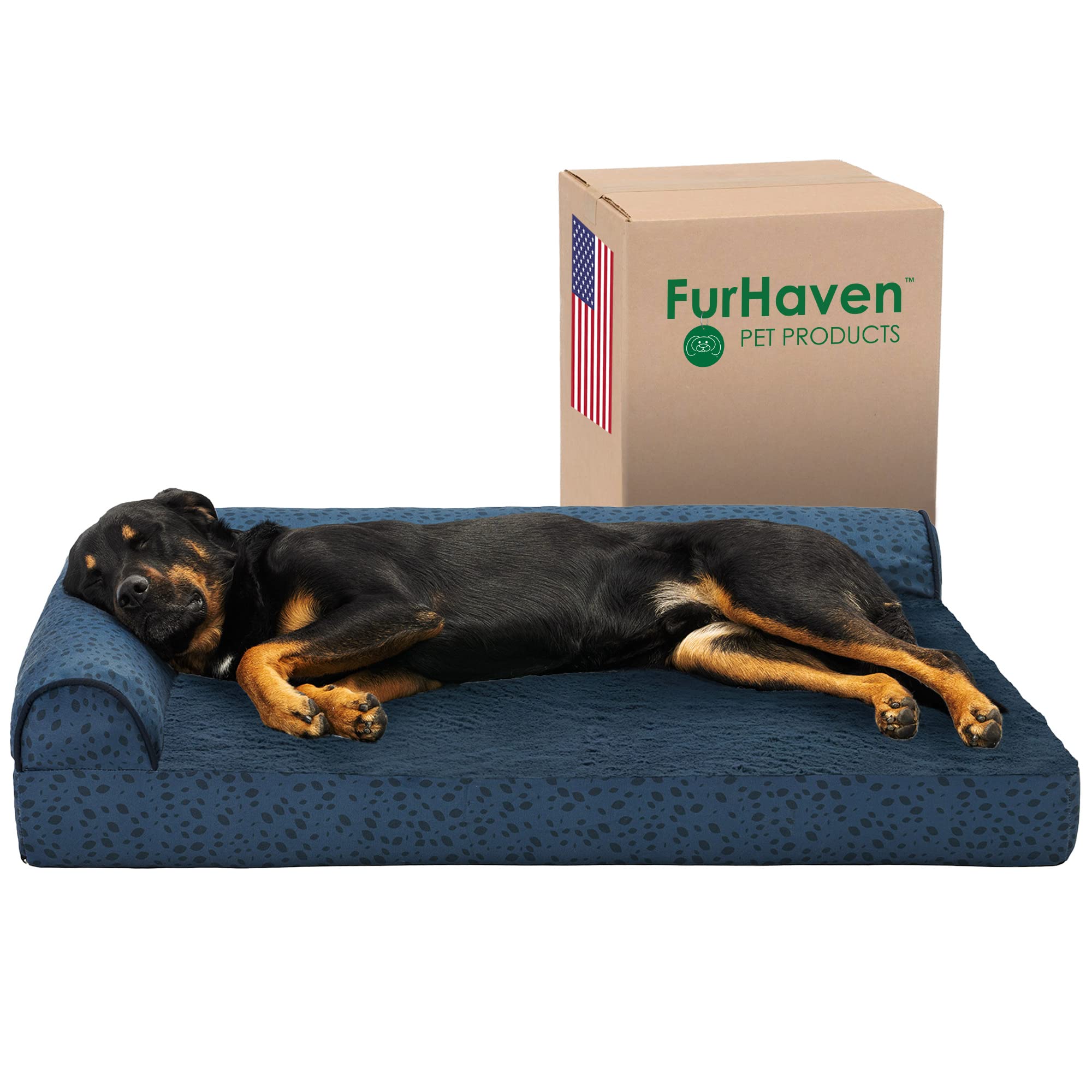 Furhaven Cooling Gel Dog Bed For Large Dogs W/ Removable Bolsters & Washable Cover, For Dogs Up To 95 Lbs - Plush & Almond Print