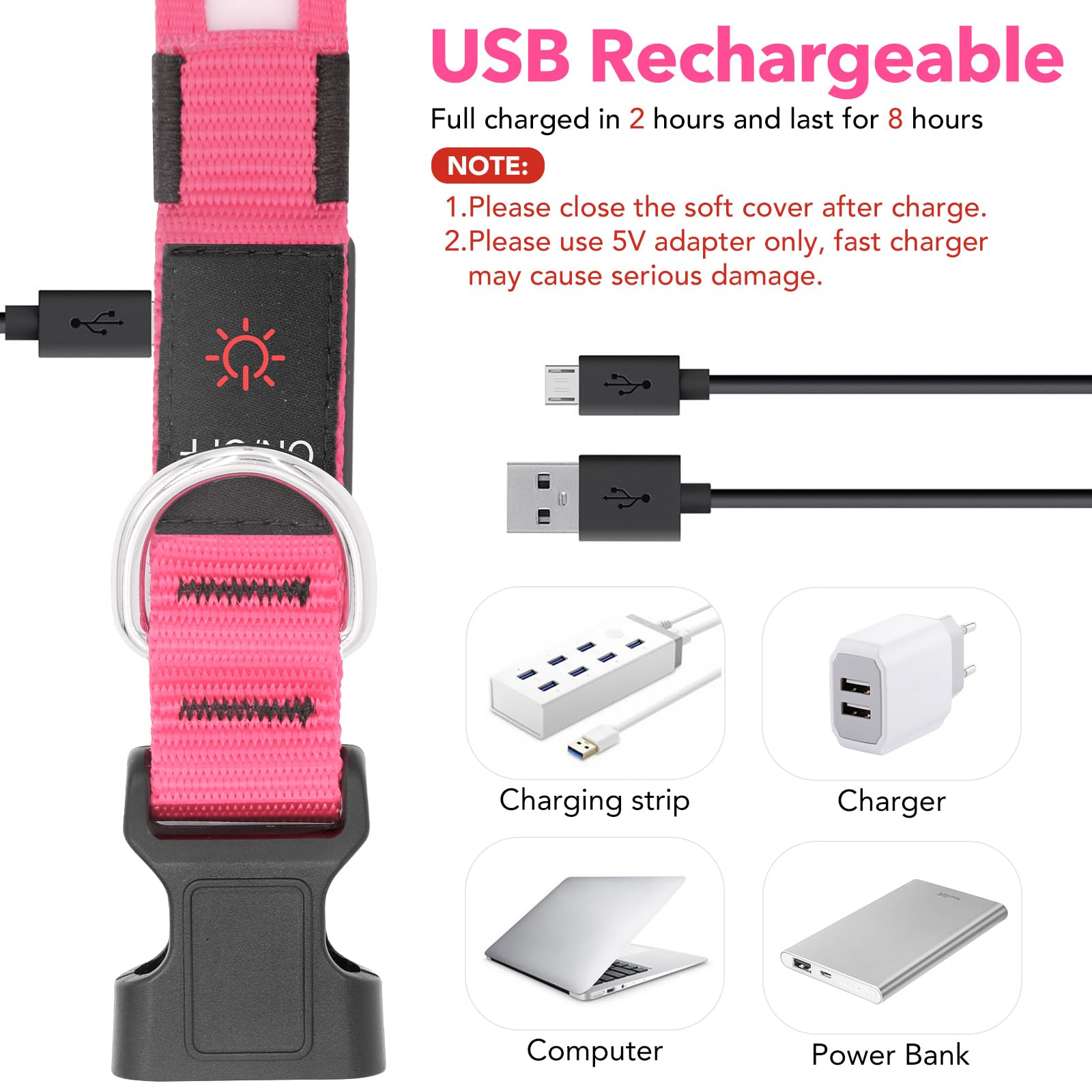 Vizpet Led Dog Collar, Light Up Dog Collar Adjustable Usb Rechargeable Super Bright Safety Light Glowing Collars For Dogs (X-Large, Pink)