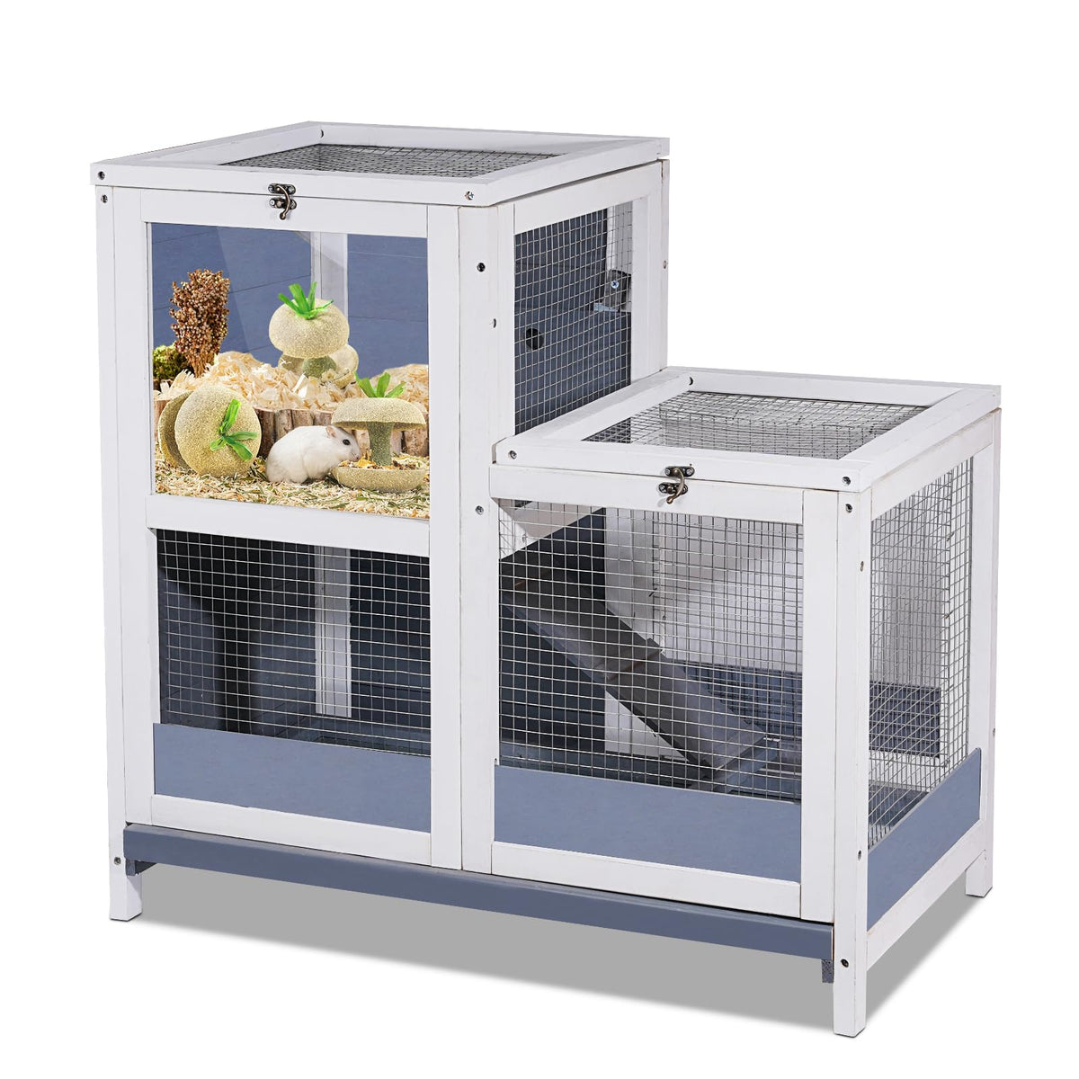 2-Story Guinea Pig Cages Wooden Indoor Rabbit Hutch Hamster Cage With Openable Roofs, Removable Tray And Wide Ramp, Small Animal