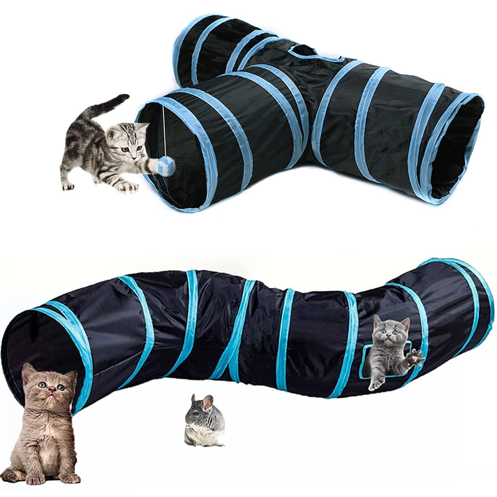 Cat Tunnel Tube, Long Collapsible Tunnels Indoor With Peek Hole, 2Pack S-Shaped & 3Way Tubes Maze Play Toy Black For Cat Kitten 